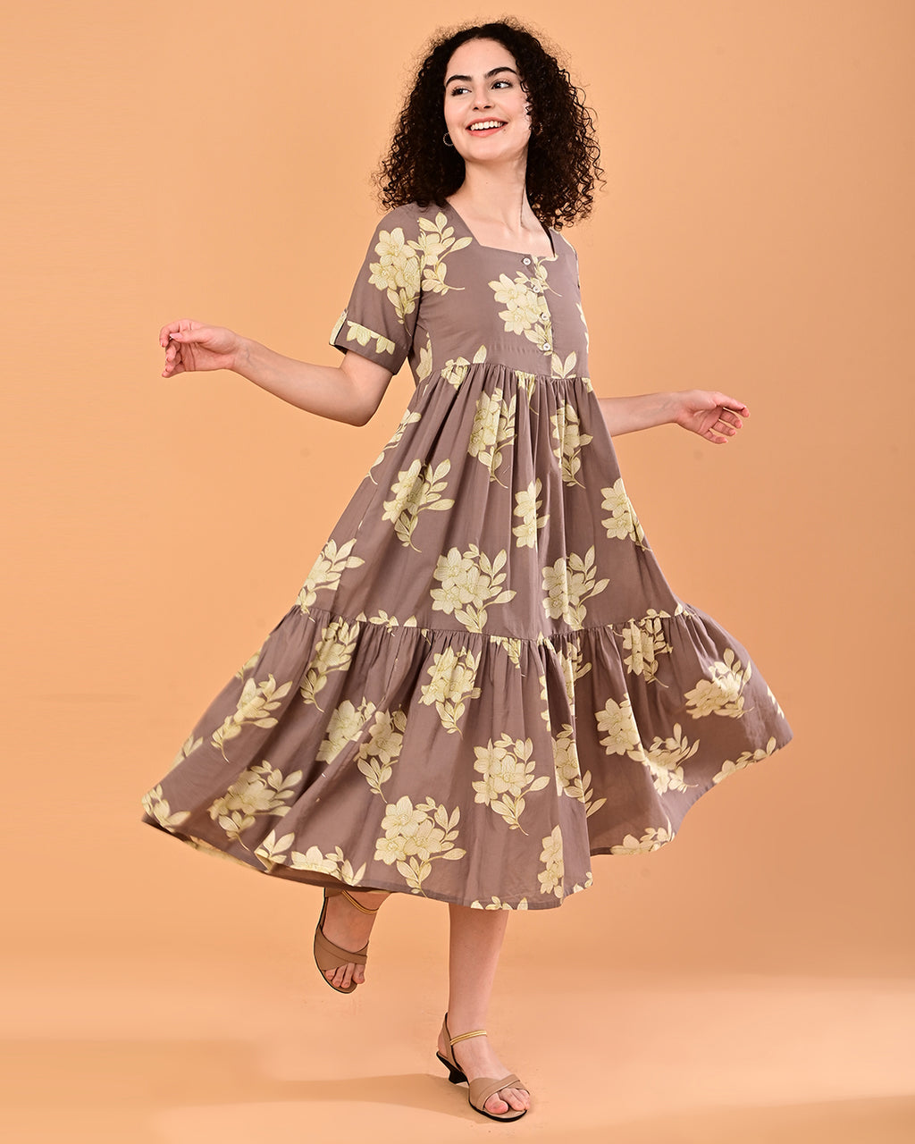 Taupe Floral Printed Tiered Midi Dress