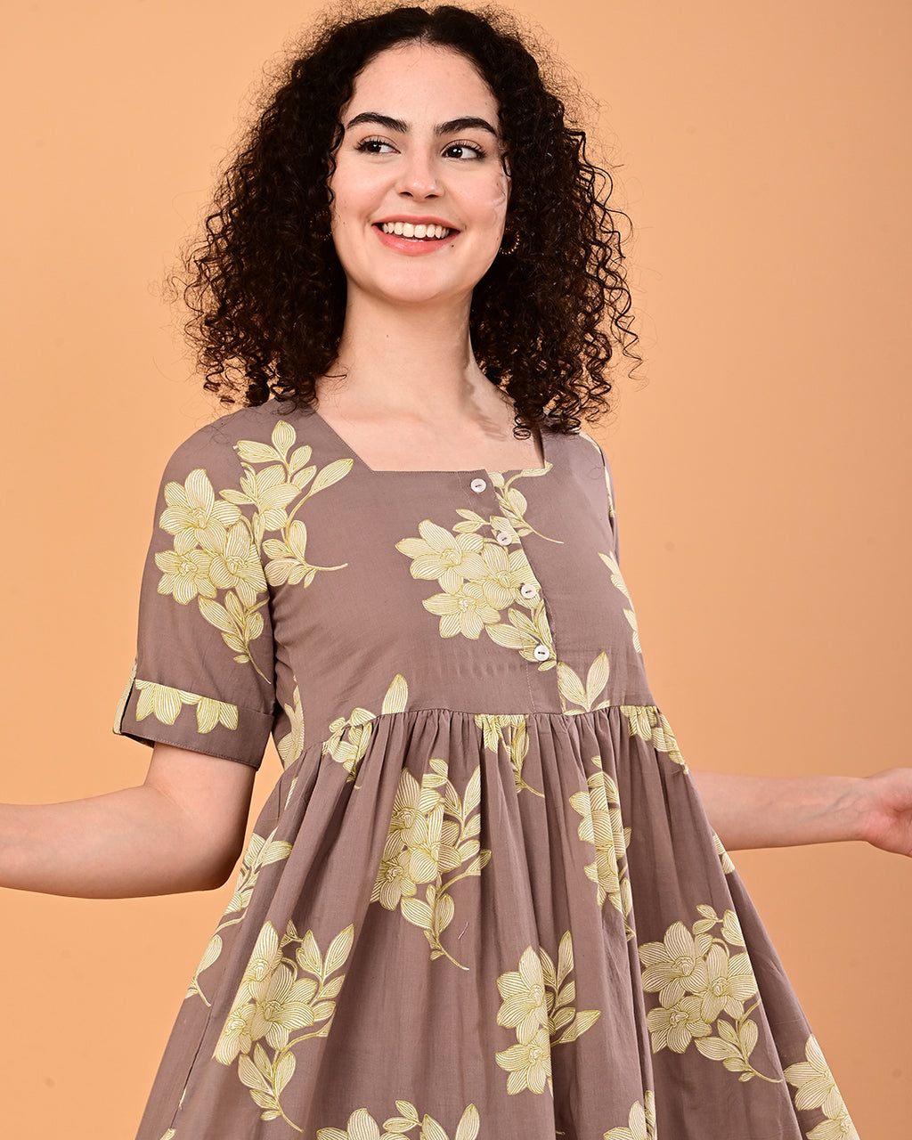 Taupe Floral Printed Tiered Midi Dress
