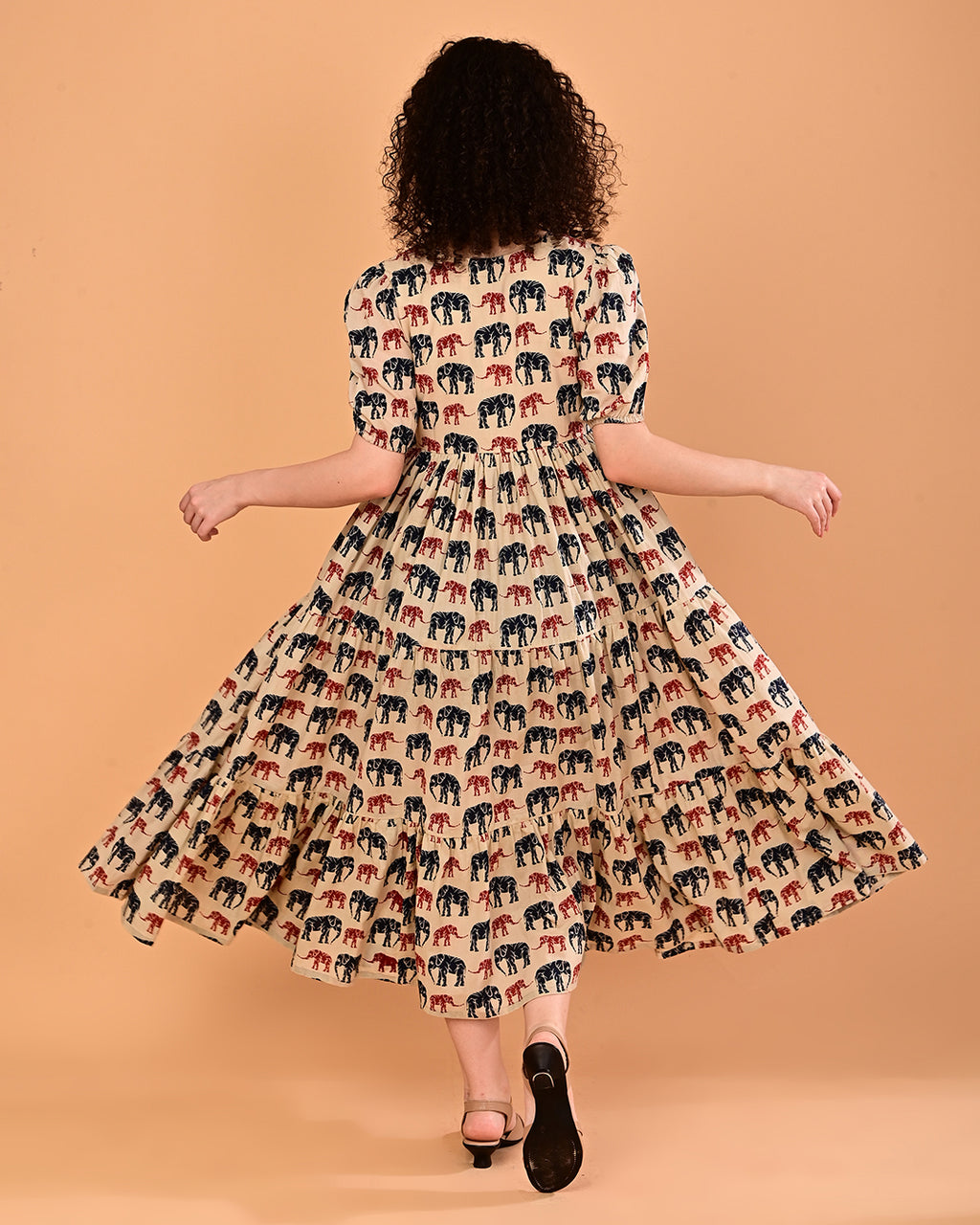 Beige Elephant Print Tiered Midi Dress