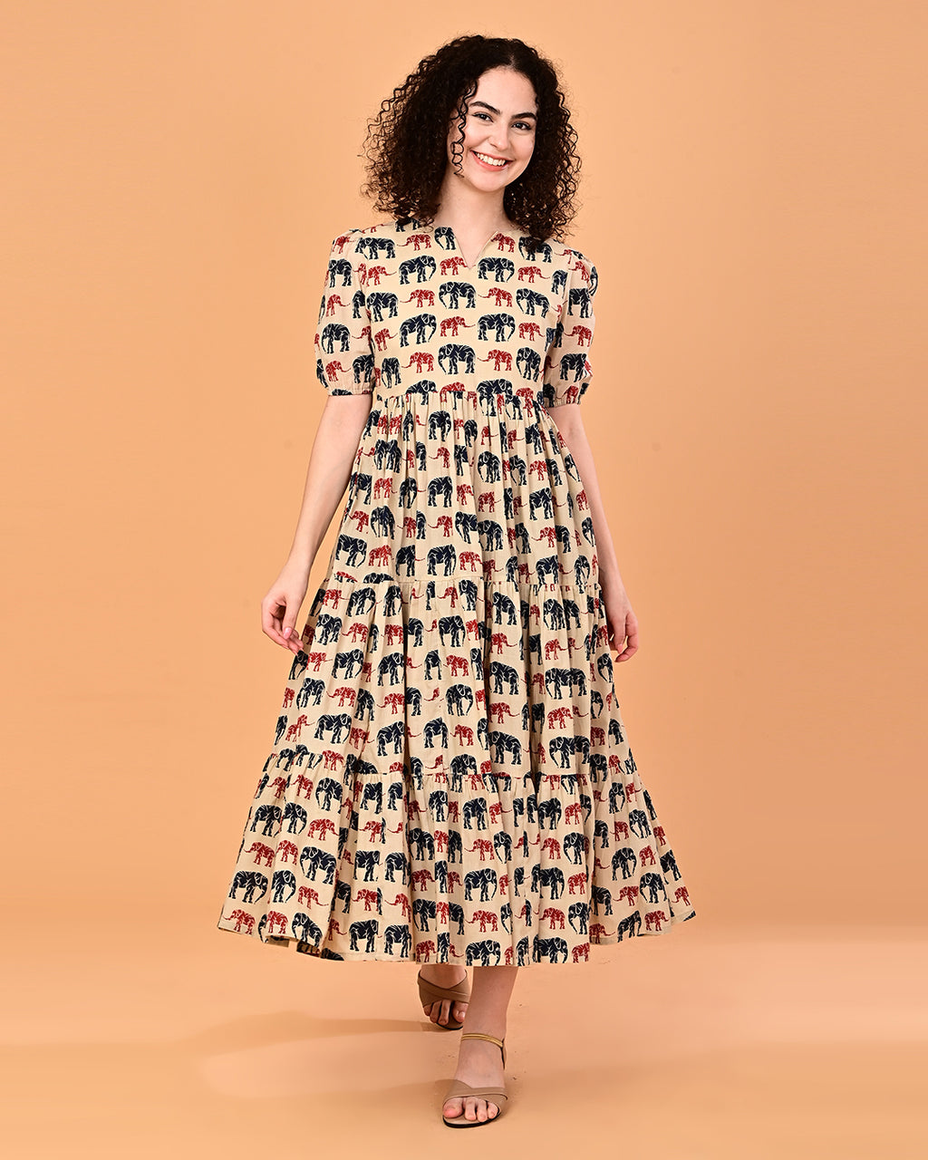 Beige Elephant Print Tiered Midi Dress