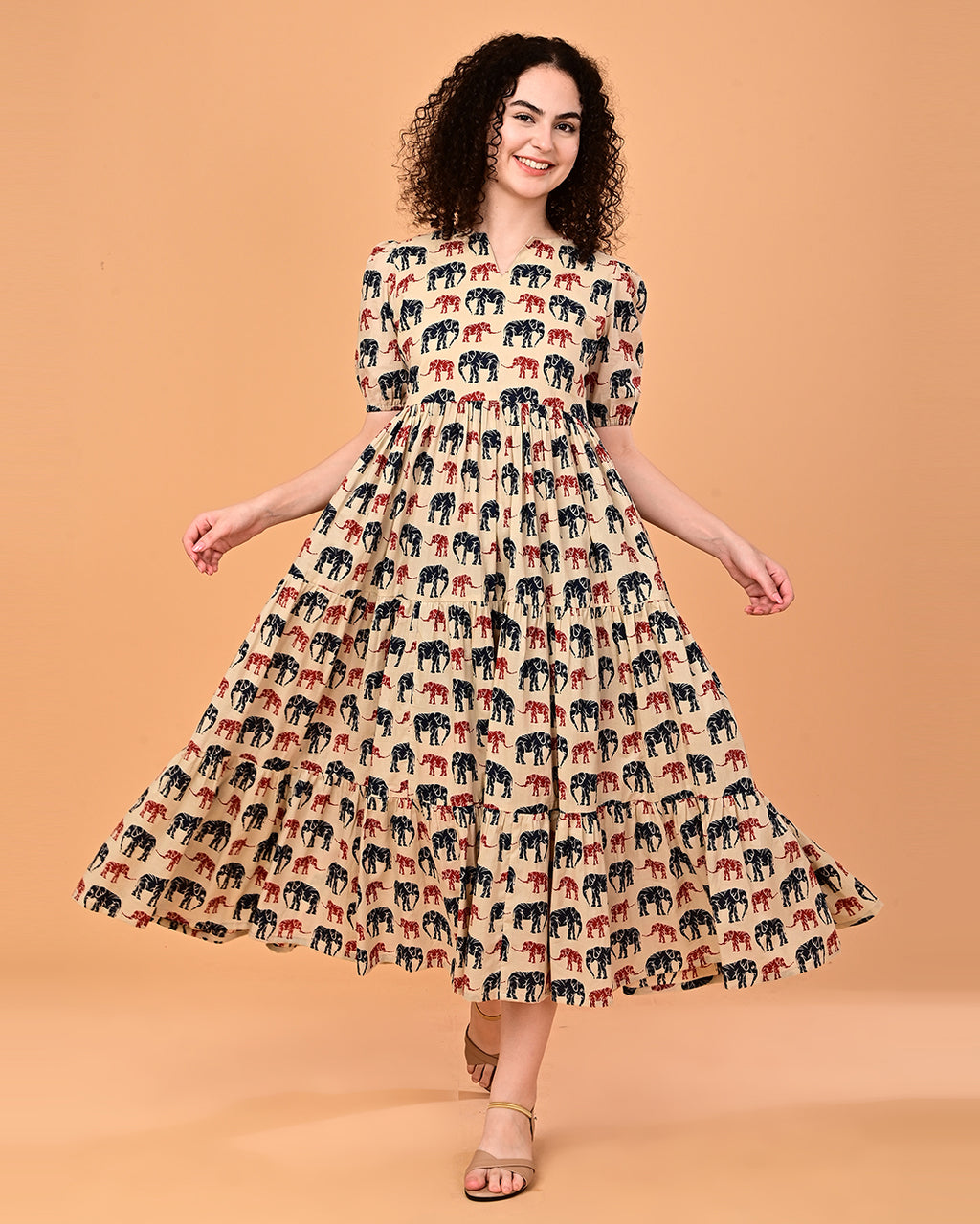 Beige Elephant Print Tiered Midi Dress