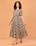Beige Elephant Print Tiered Midi Dress