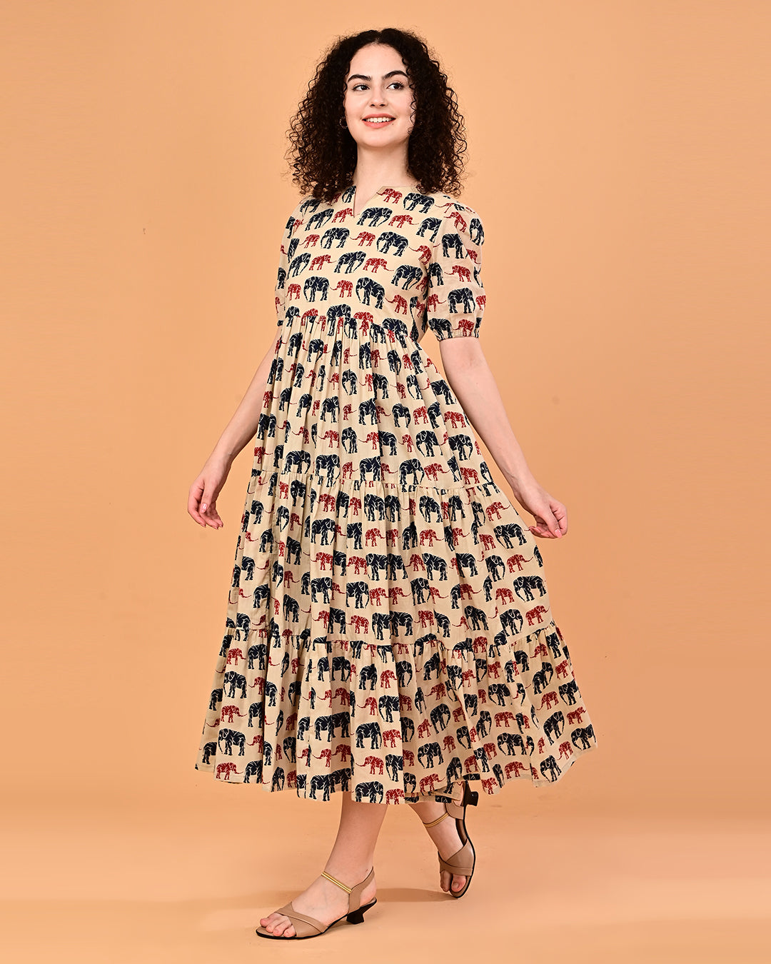 Beige Elephant Print Tiered Midi Dress