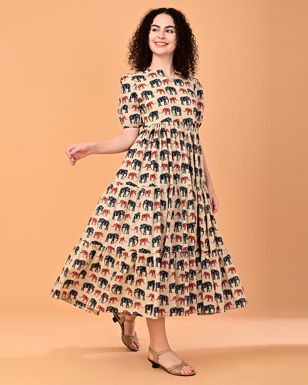 Beige Elephant Print Tiered Midi Dress