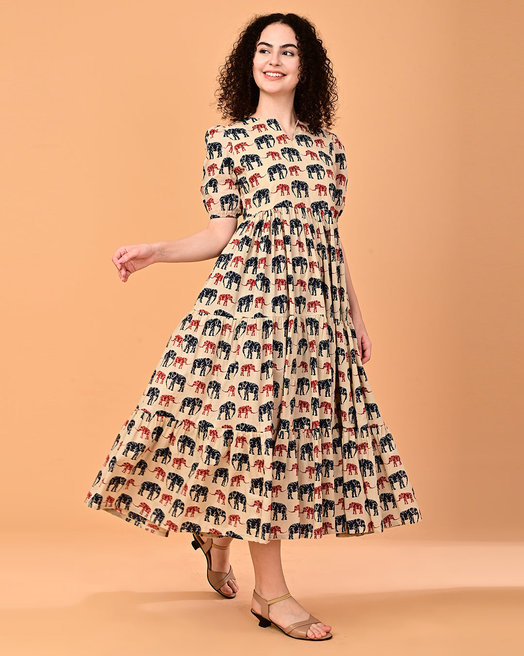 Beige Elephant Print Tiered Midi Dress