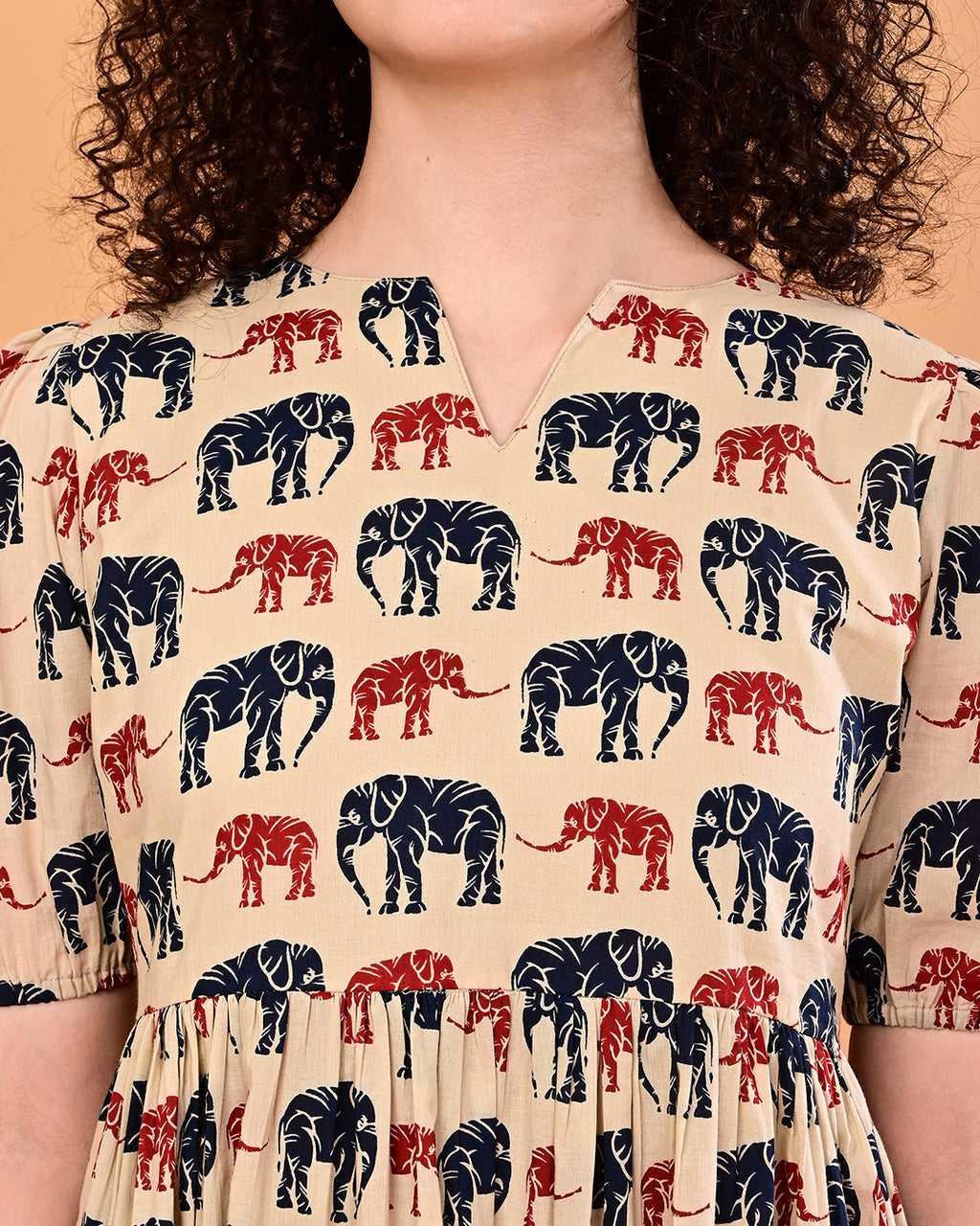 Beige Elephant Print Tiered Midi Dress
