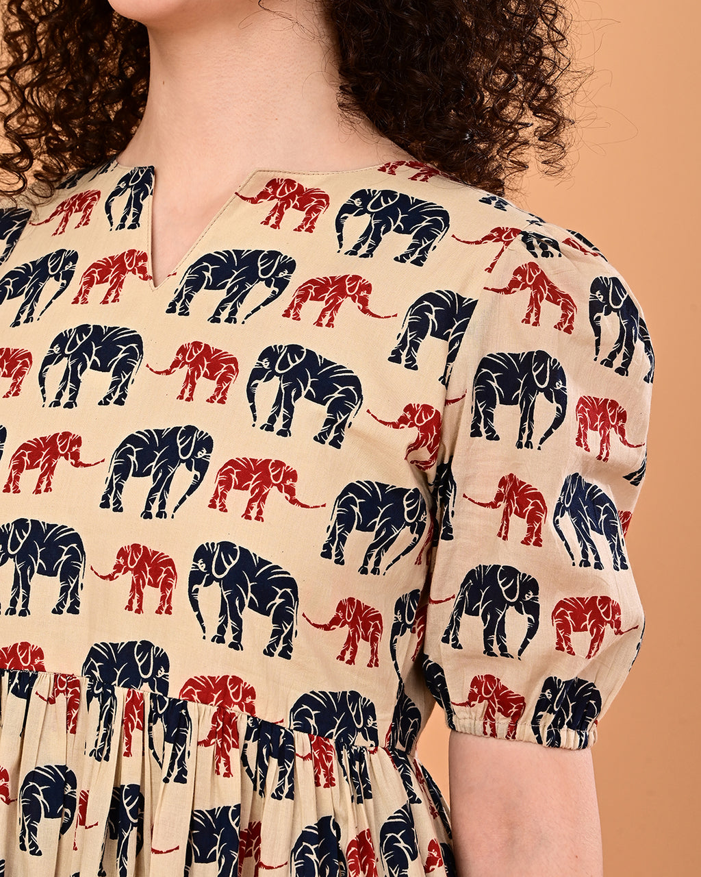Beige Elephant Print Tiered Midi Dress