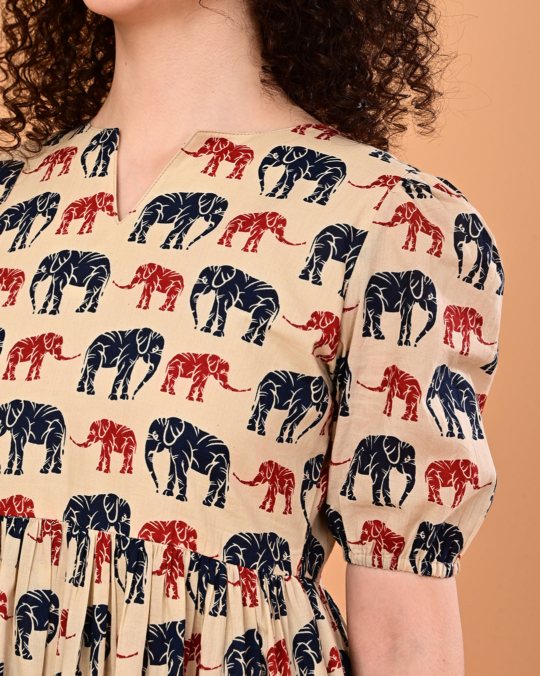 Beige Elephant Print Tiered Midi Dress