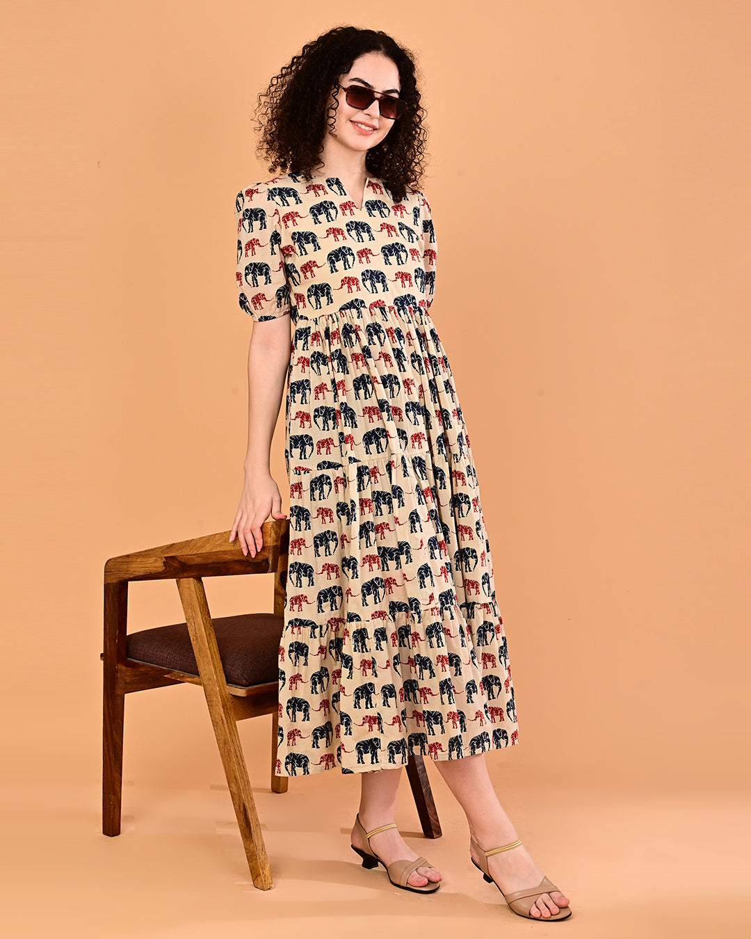 Beige Elephant Print Tiered Midi Dress