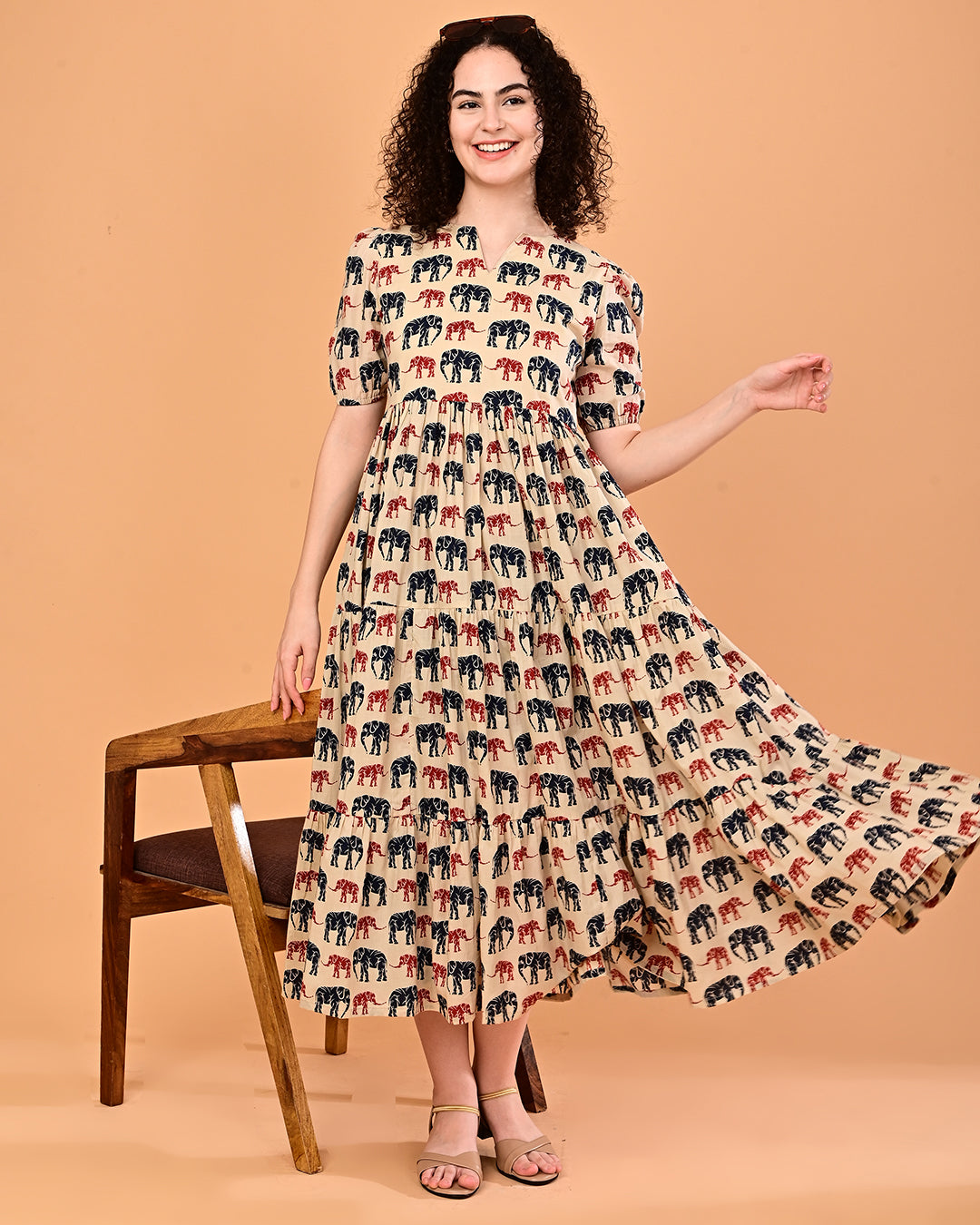 Beige Elephant Print Tiered Midi Dress