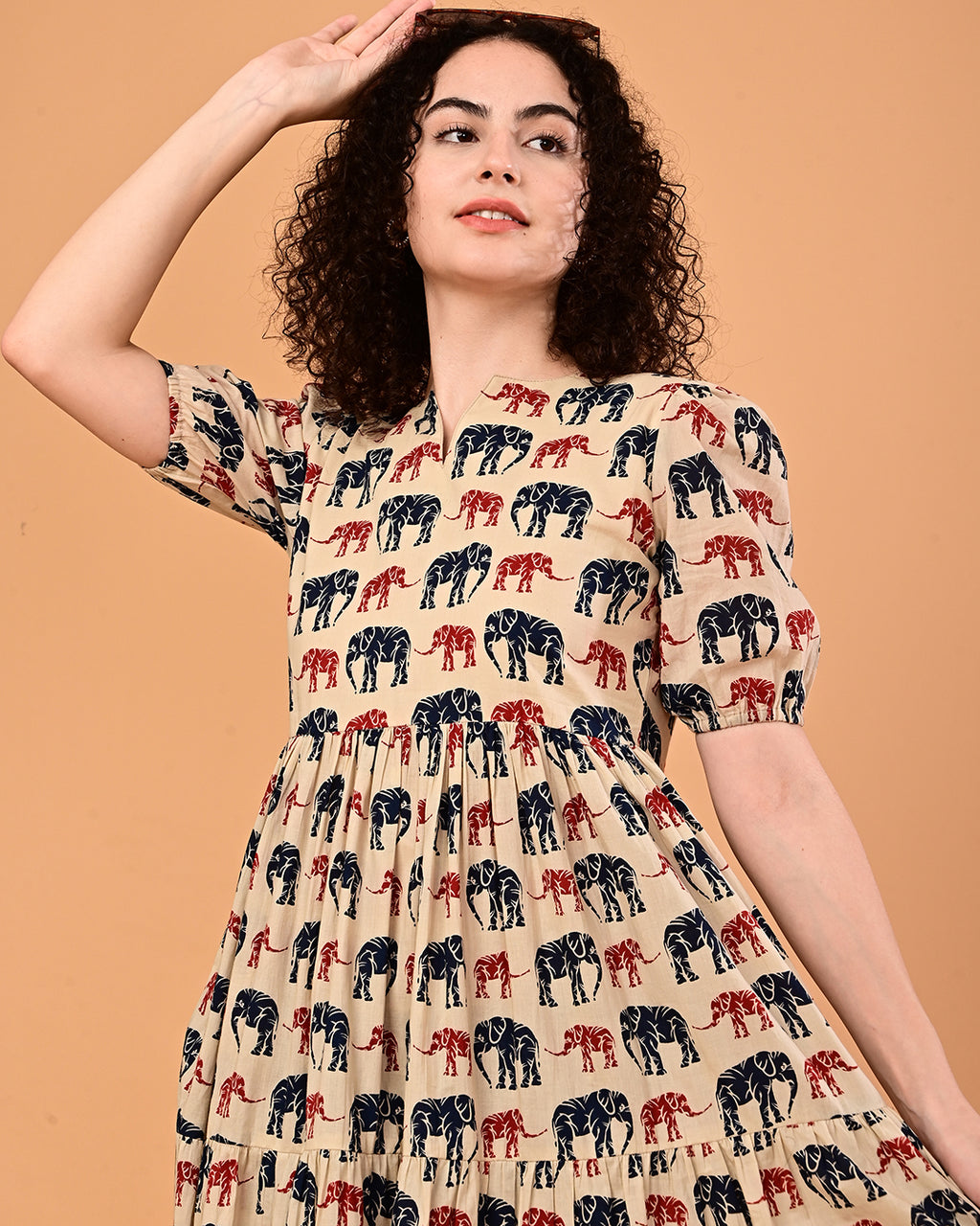 Beige Elephant Print Tiered Midi Dress