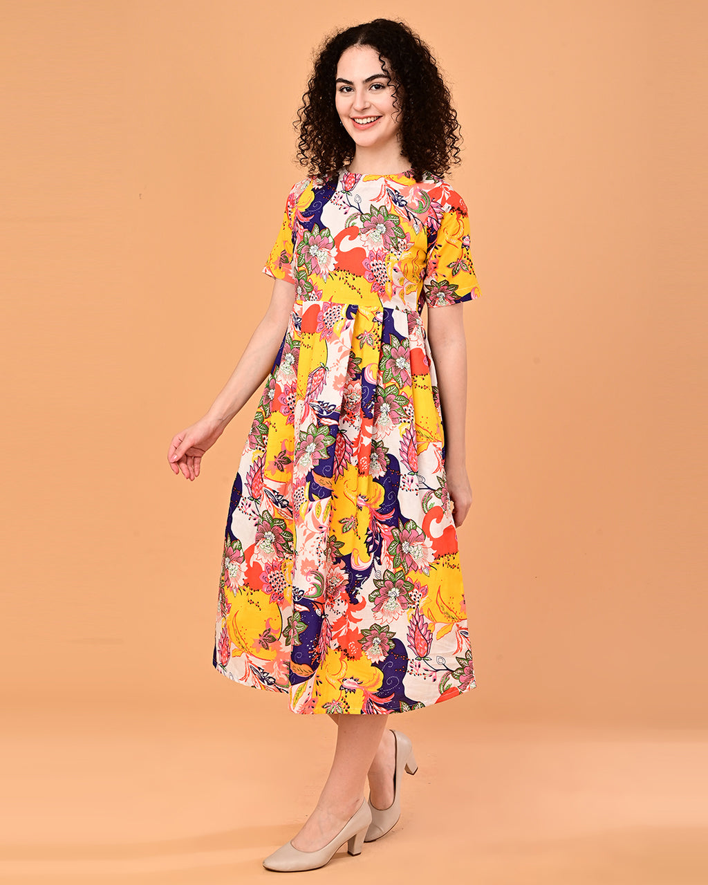 Multicolor Floral Printed Fit & Flare Midi Dress