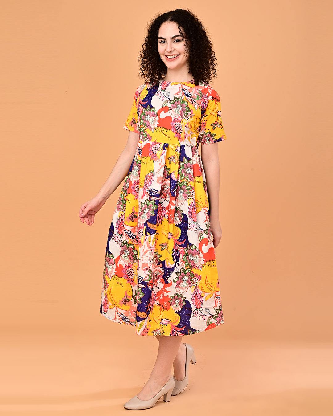 Multicolor Floral Printed Fit & Flare Midi Dress