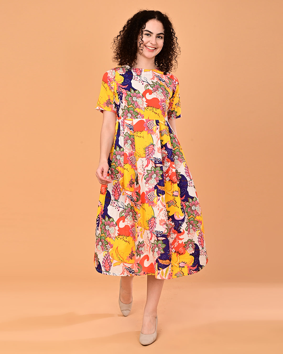 Multicolor Floral Printed Fit & Flare Midi Dress