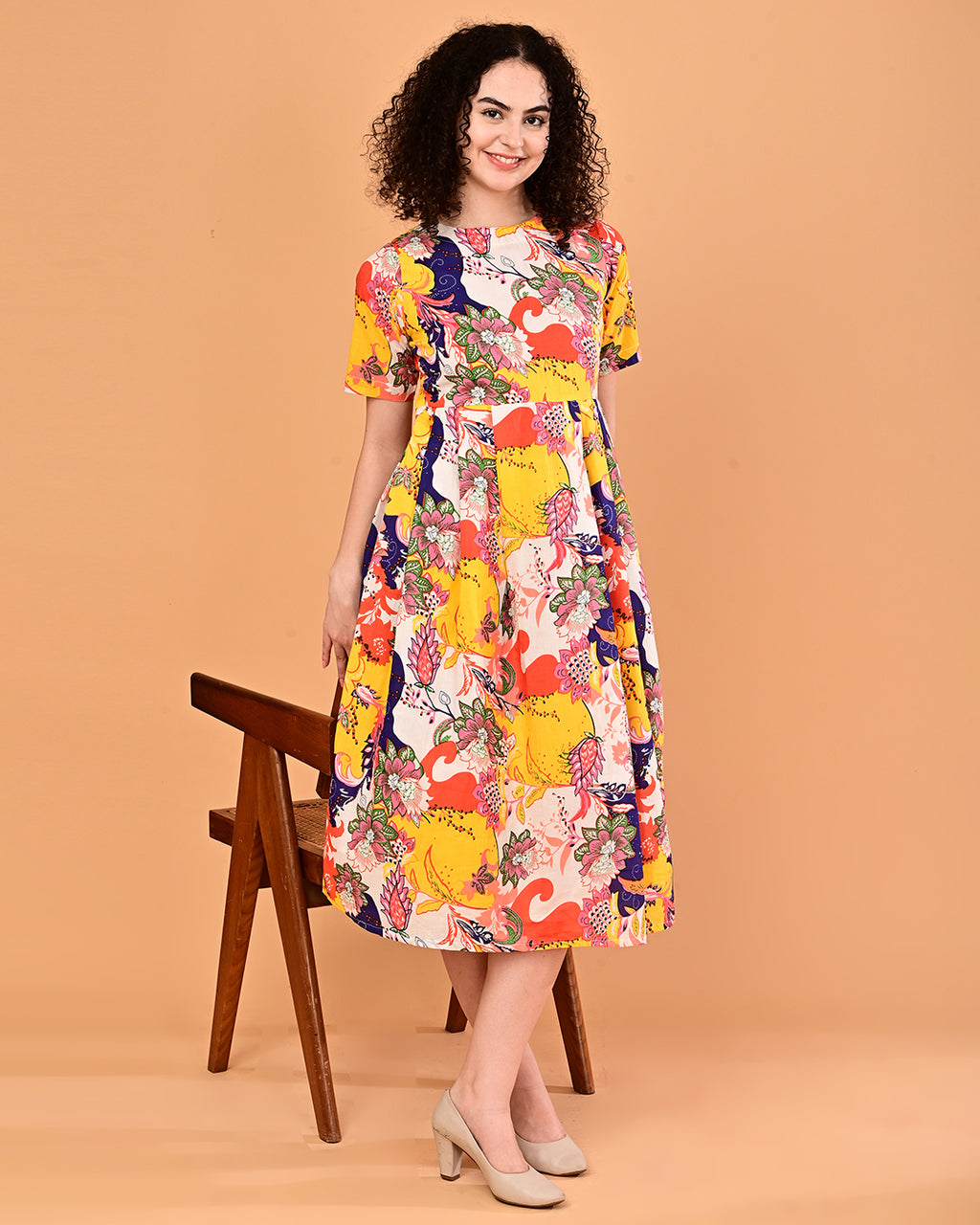 Multicolor Floral Printed Fit & Flare Midi Dress