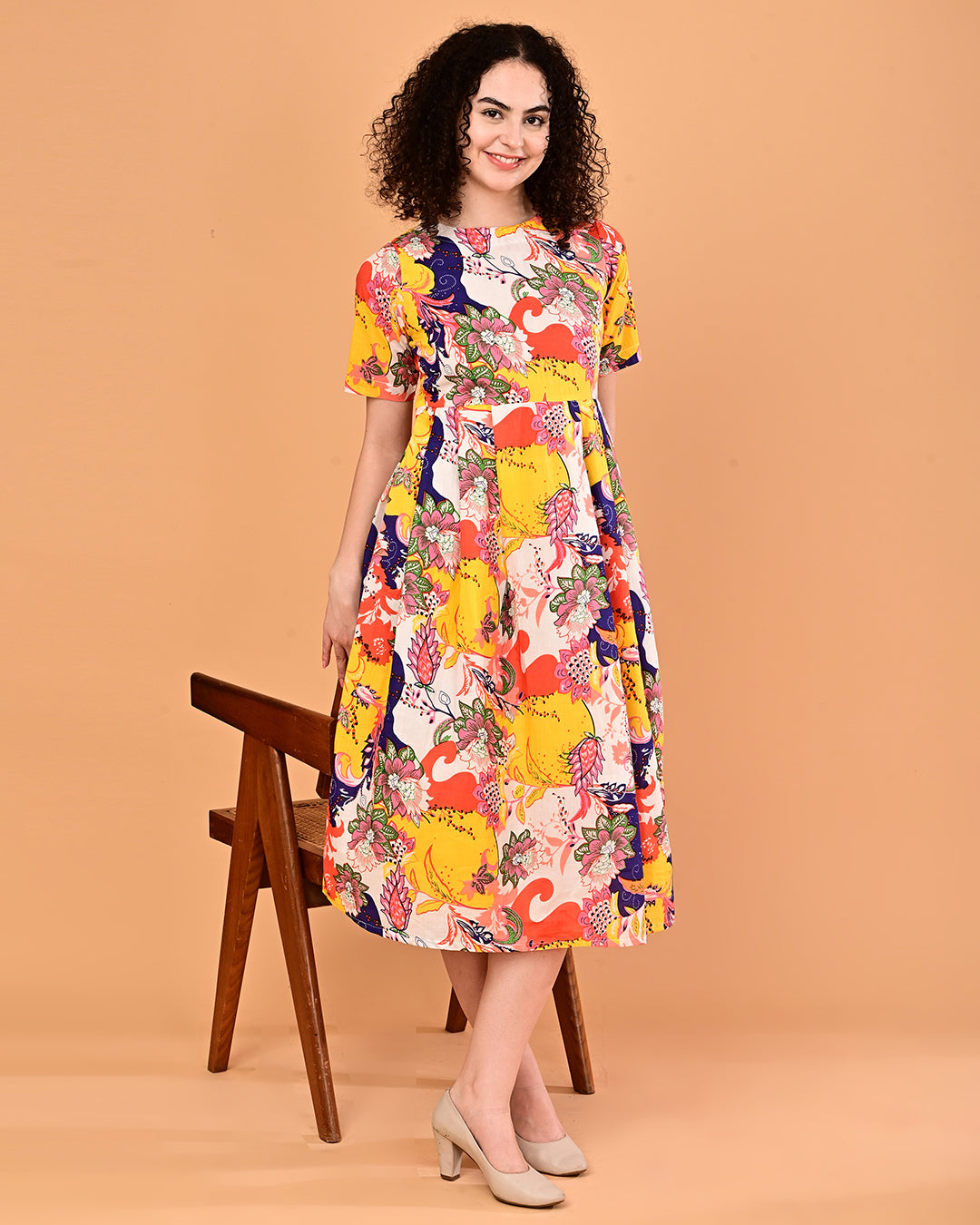 Multicolor Floral Printed Fit & Flare Midi Dress