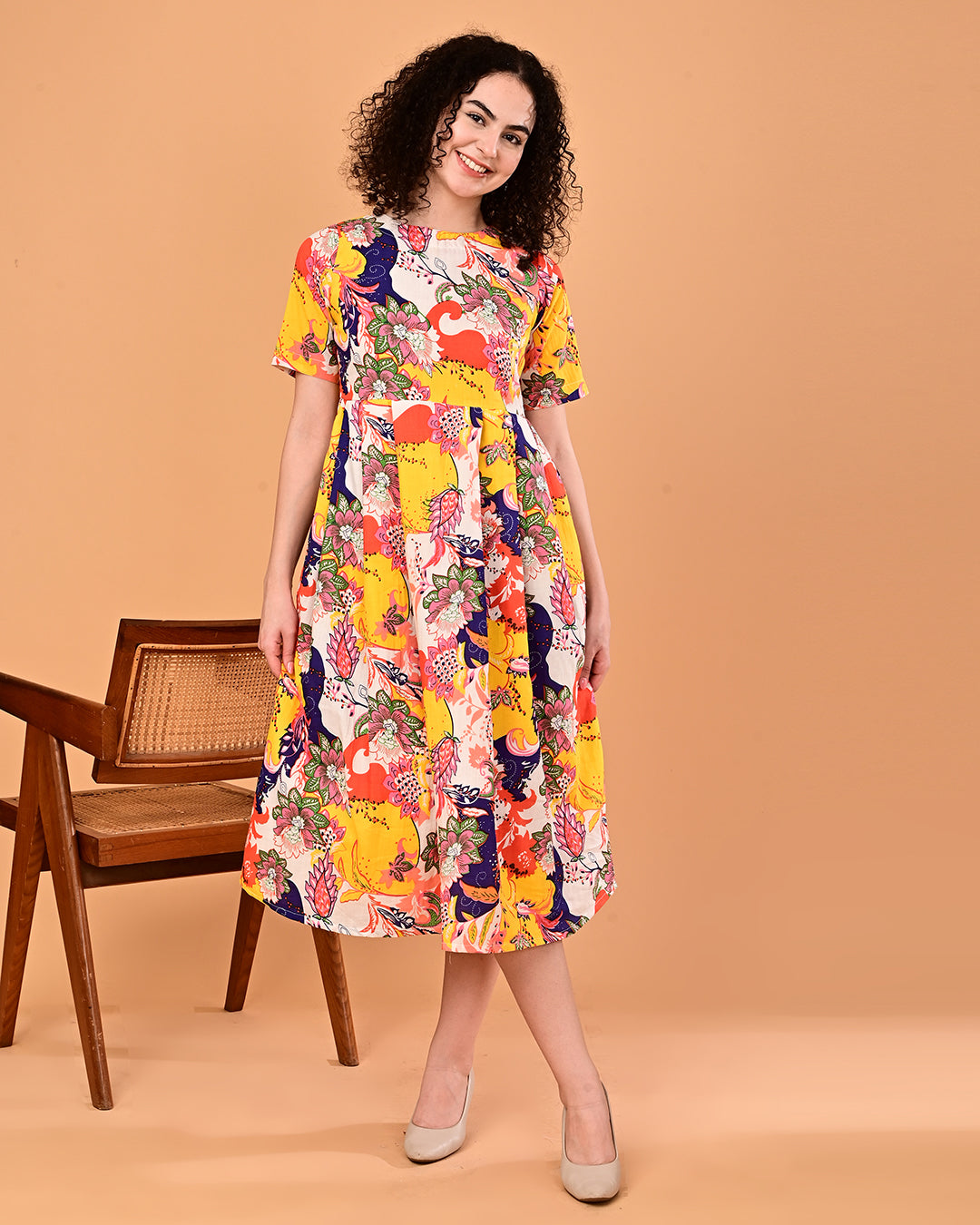 Multicolor Floral Printed Fit & Flare Midi Dress