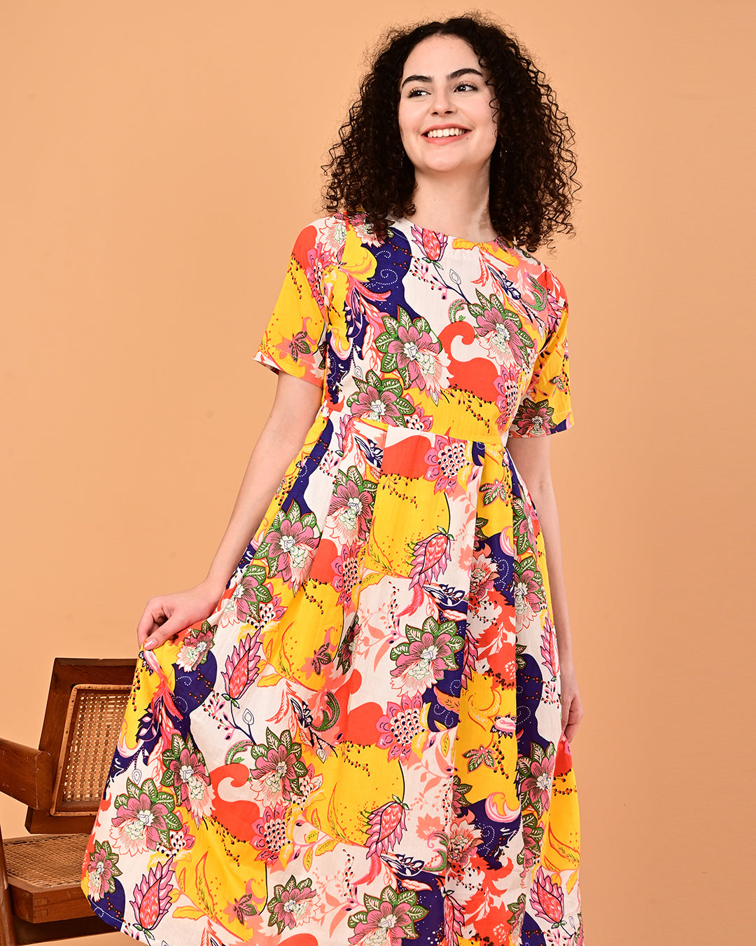 Multicolor Floral Printed Fit & Flare Midi Dress
