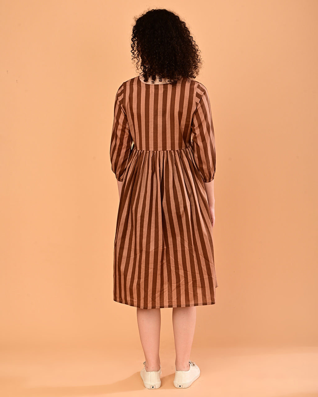 Brown Striped Button-Front Fit & Flare Midi Dress