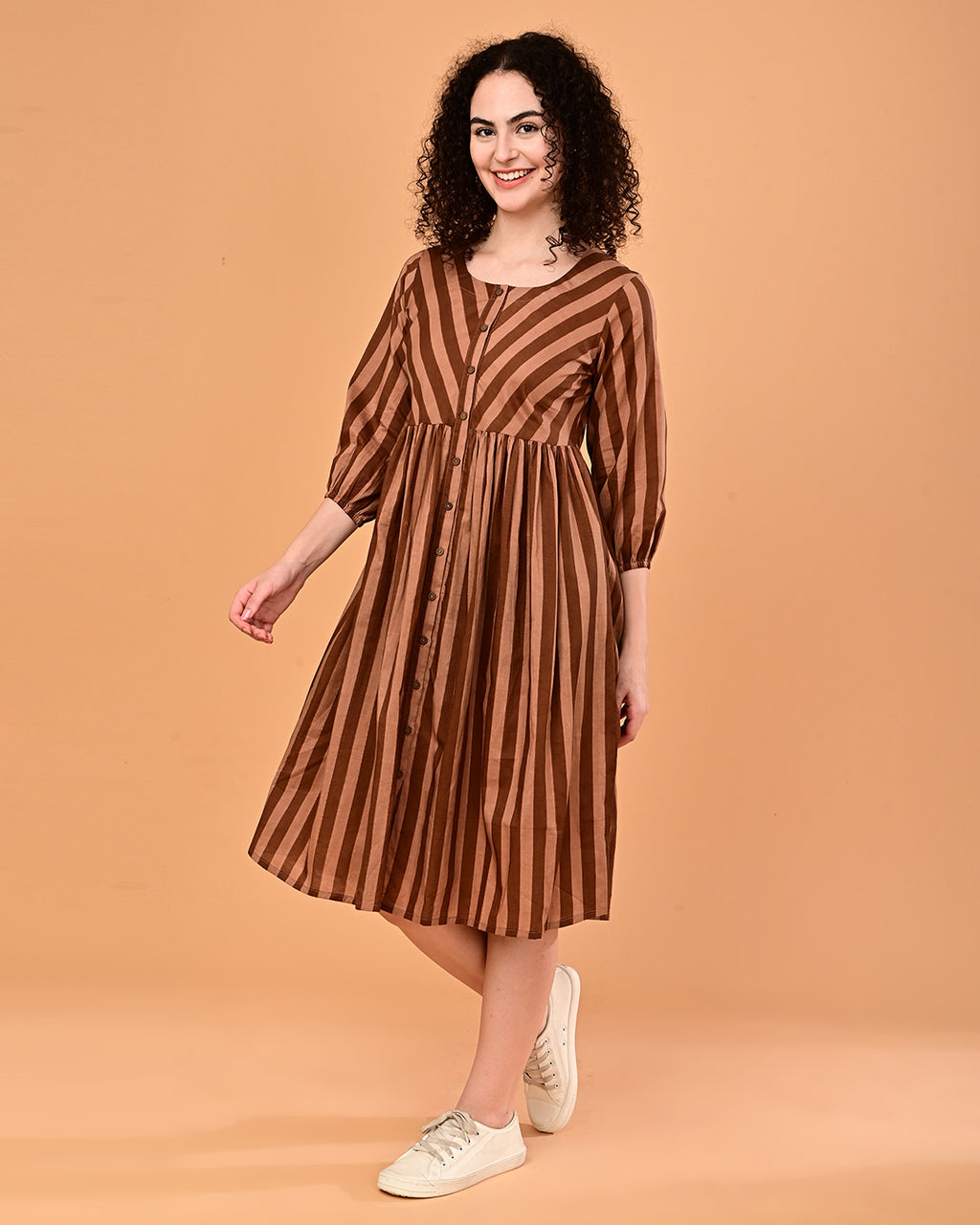 Brown Striped Button-Front Fit & Flare Midi Dress