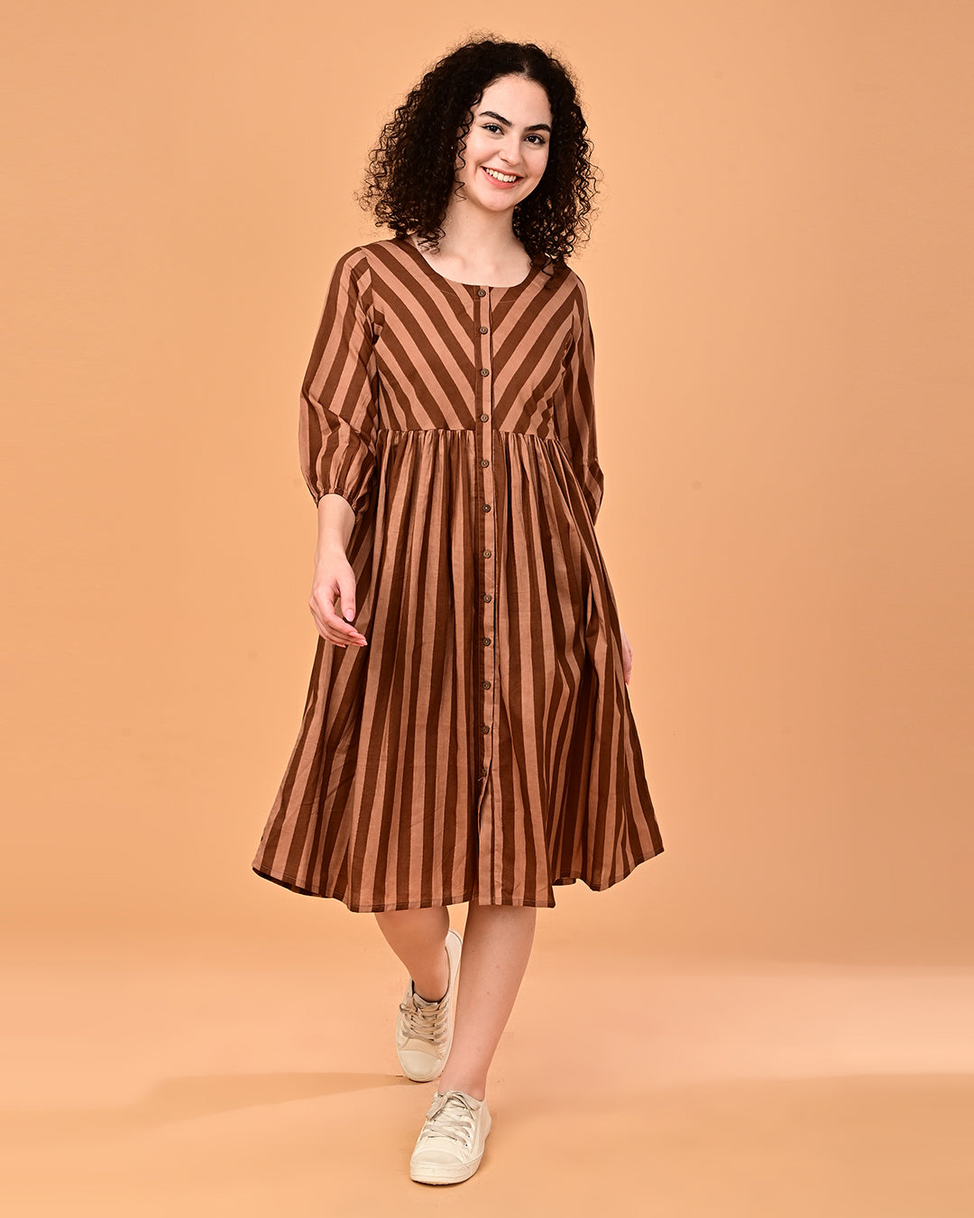 Brown Striped Button-Front Fit & Flare Midi Dress