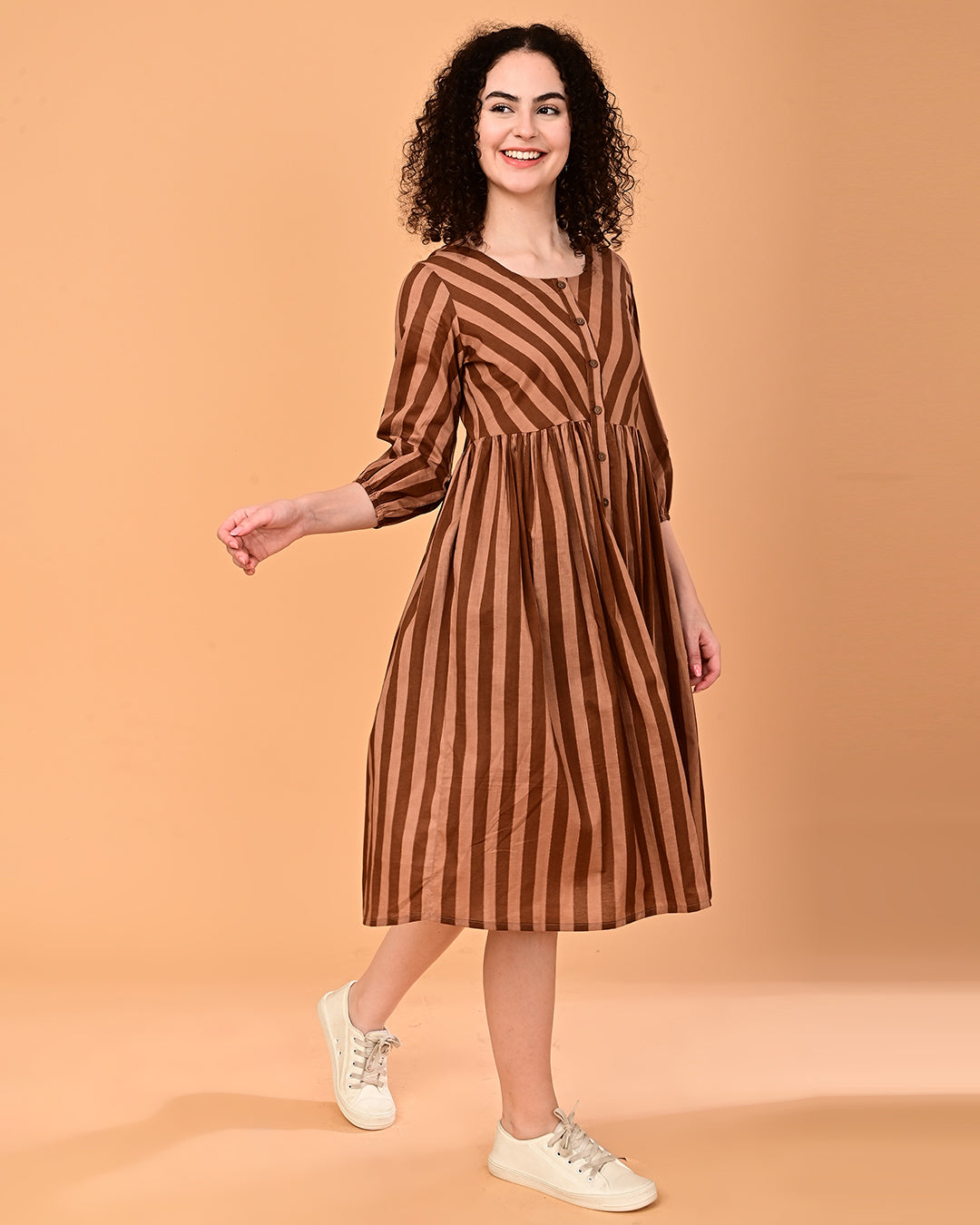 Brown Striped Button-Front Fit & Flare Midi Dress