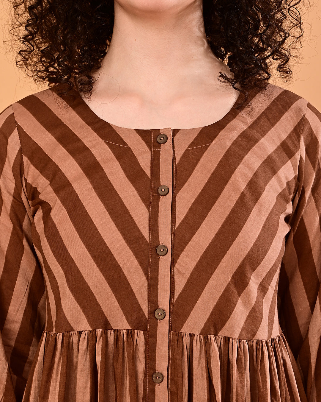 Brown Striped Button-Front Fit & Flare Midi Dress