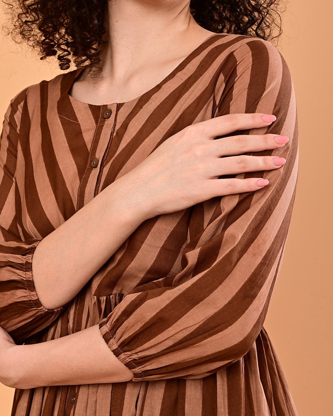 Brown Striped Button-Front Fit & Flare Midi Dress