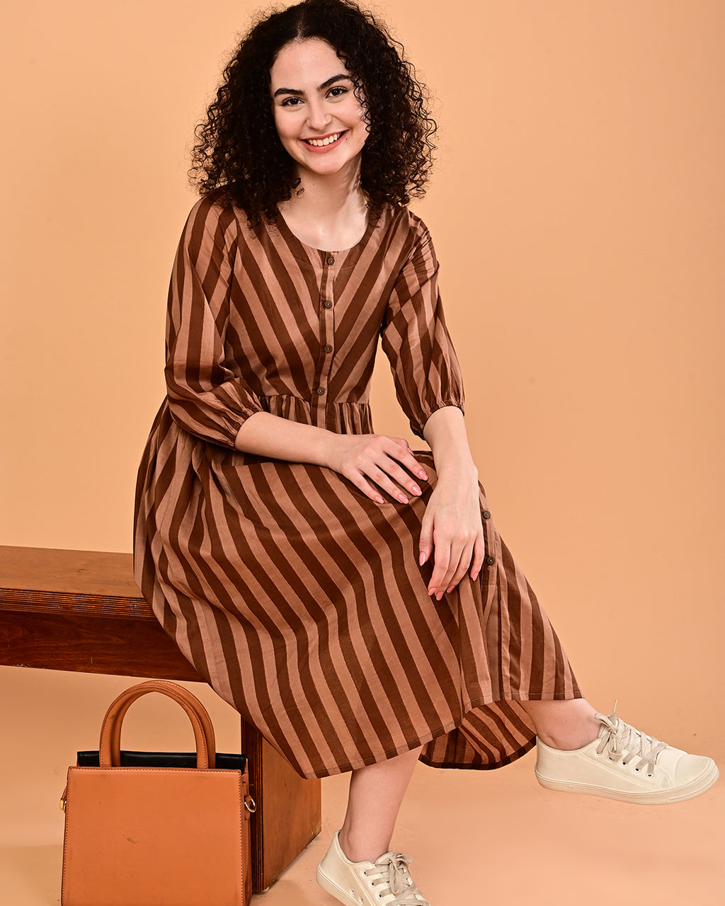 Brown Striped Button-Front Fit & Flare Midi Dress