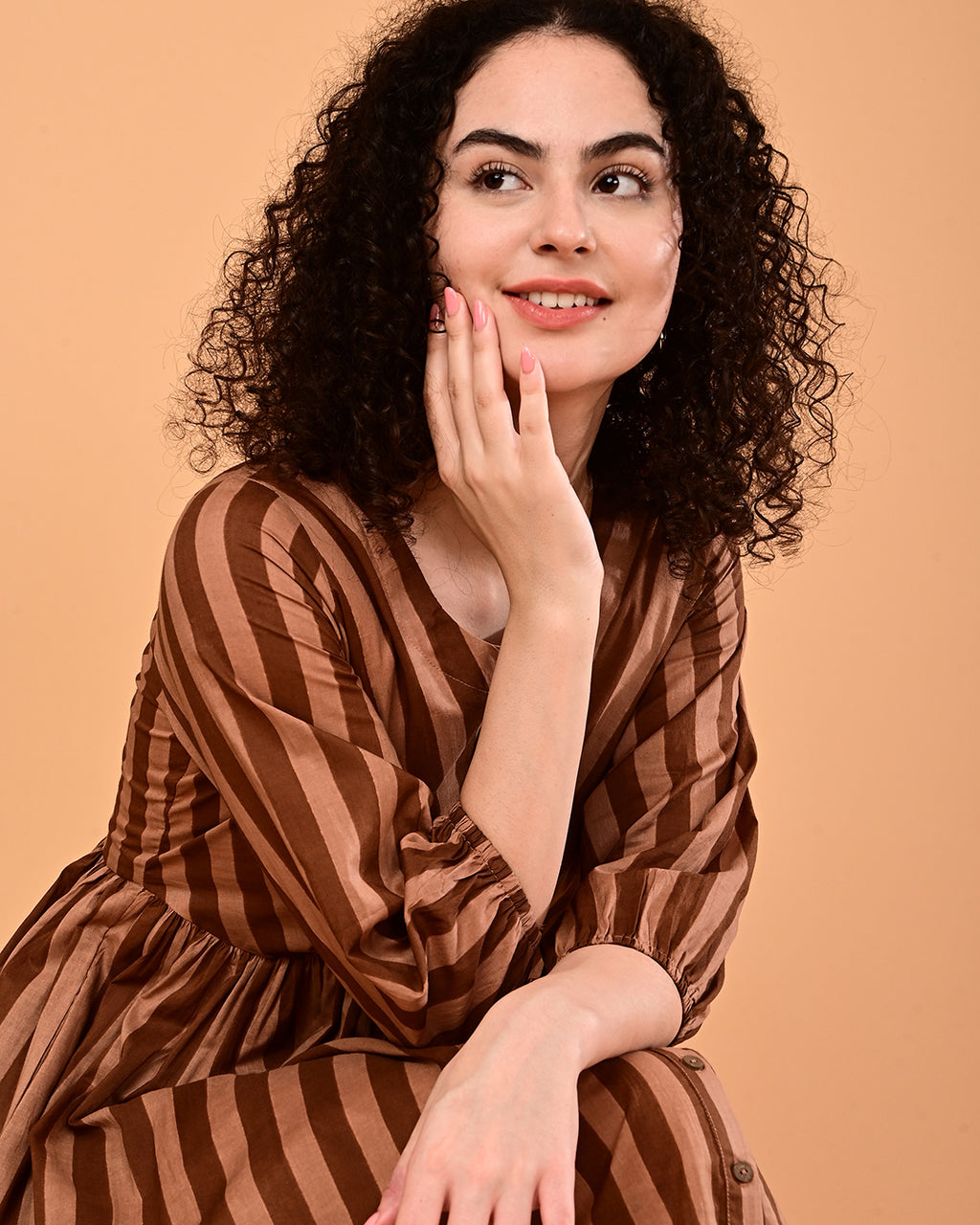 Brown Striped Button-Front Fit & Flare Midi Dress