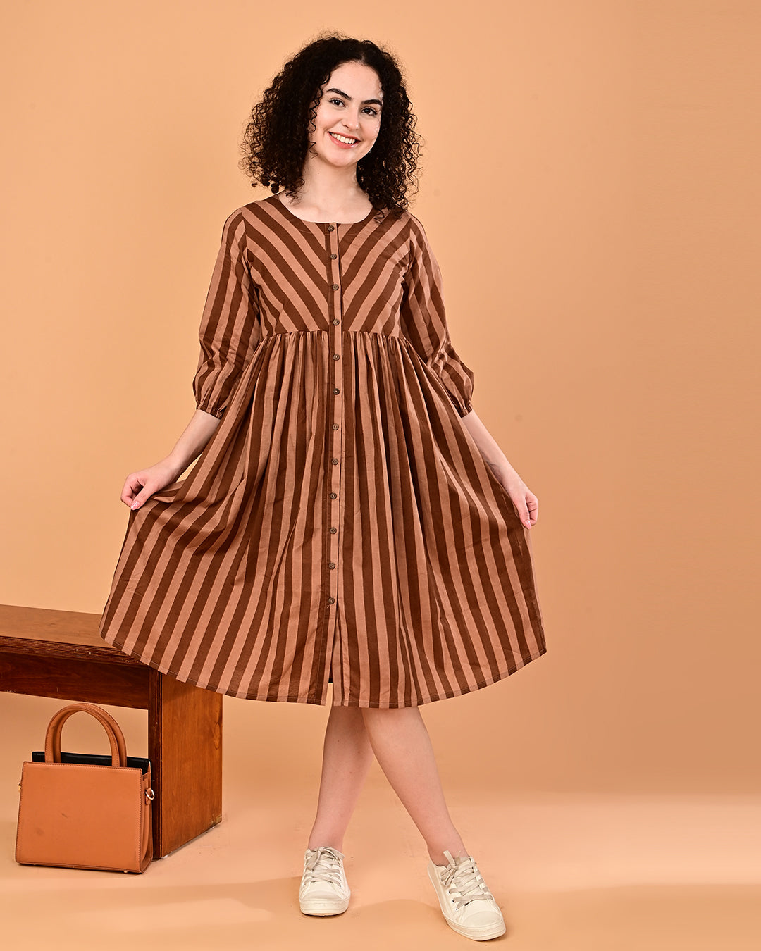 Brown Striped Button-Front Fit & Flare Midi Dress