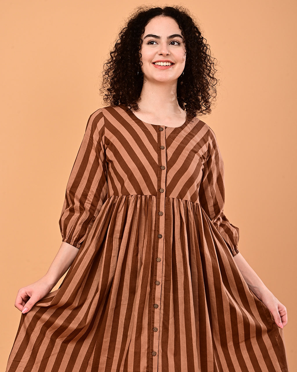 Brown Striped Button-Front Fit & Flare Midi Dress