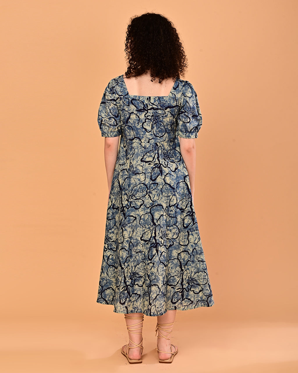 Blue Floral Printed Fit & Flare Midi Dress