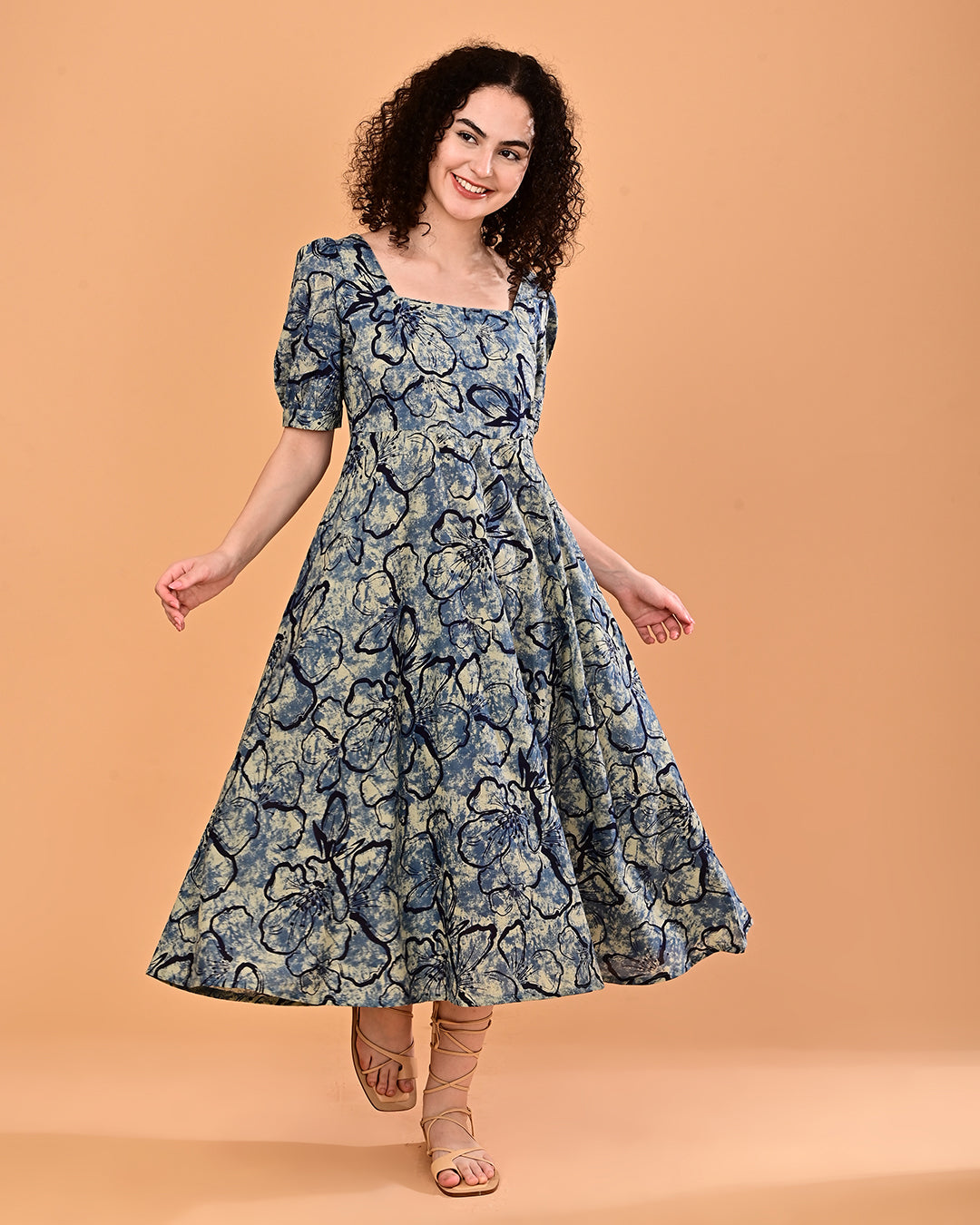 Blue Floral Printed Fit & Flare Midi Dress