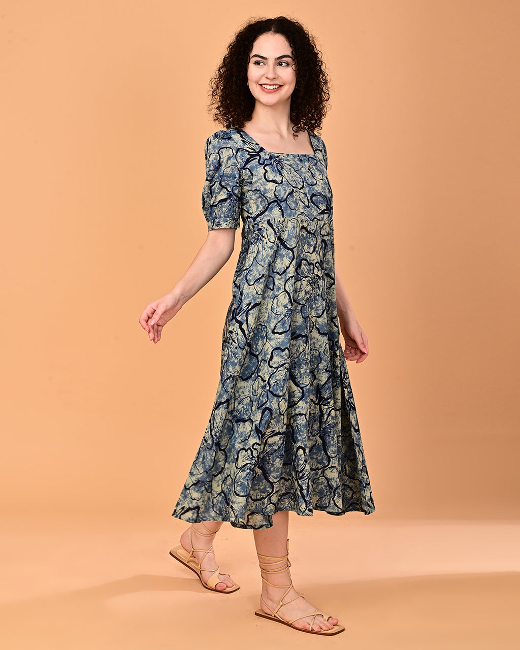 Blue Floral Printed Fit & Flare Midi Dress
