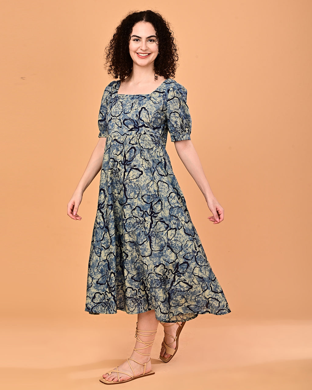 Blue Floral Printed Fit & Flare Midi Dress