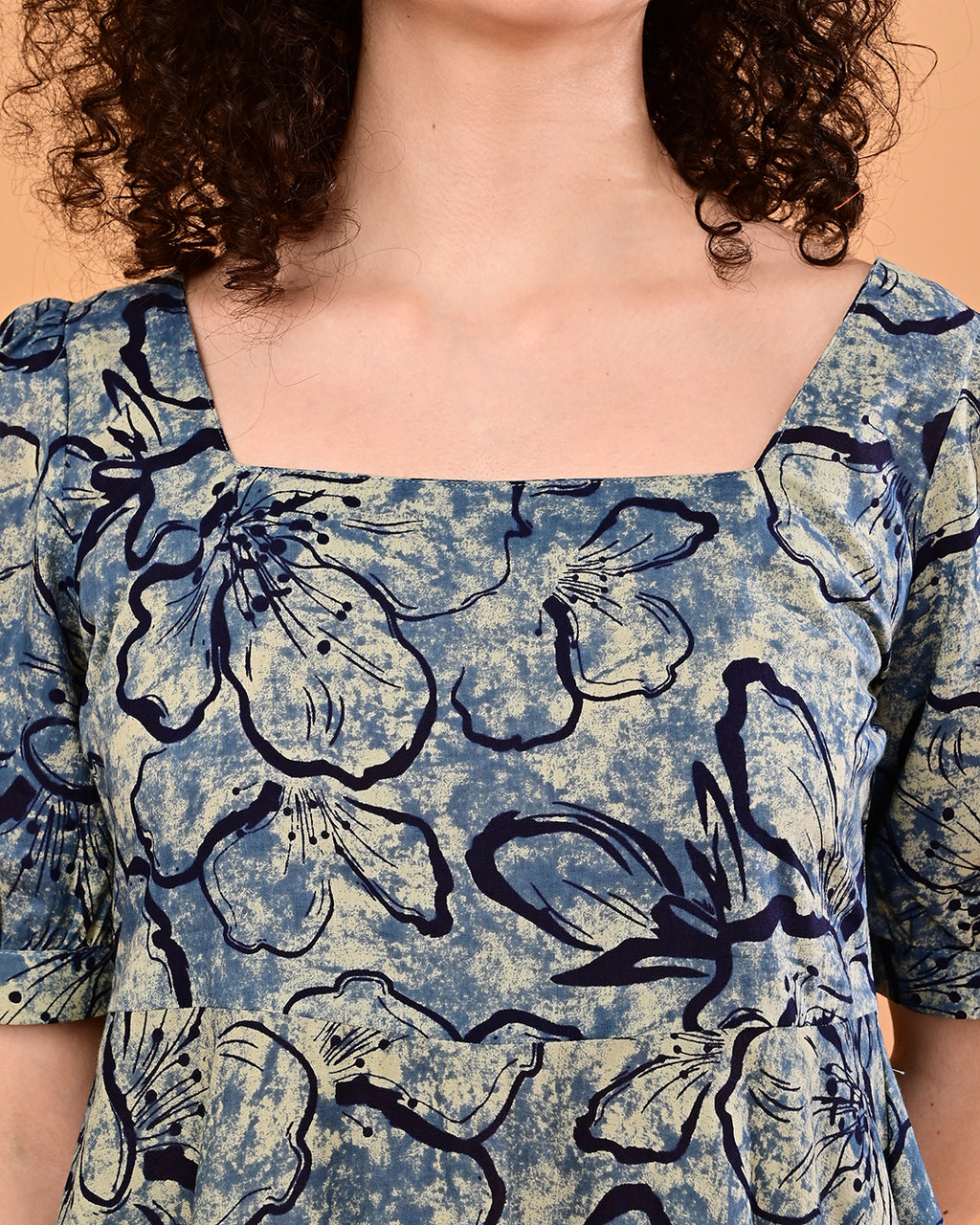 Blue Floral Printed Fit & Flare Midi Dress