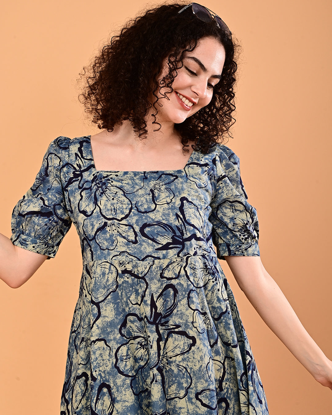 Blue Floral Printed Fit & Flare Midi Dress