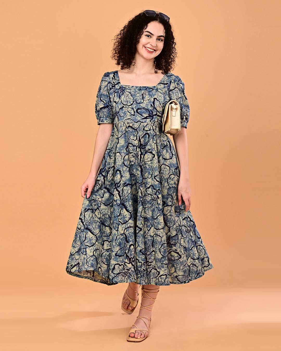 Blue Floral Printed Fit & Flare Midi Dress