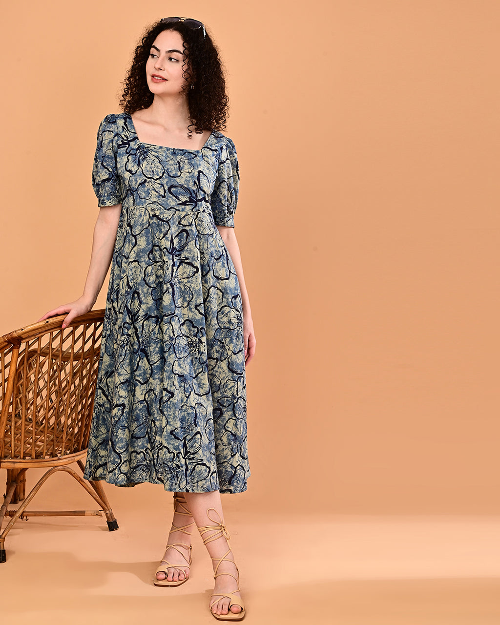 Blue Floral Printed Fit & Flare Midi Dress