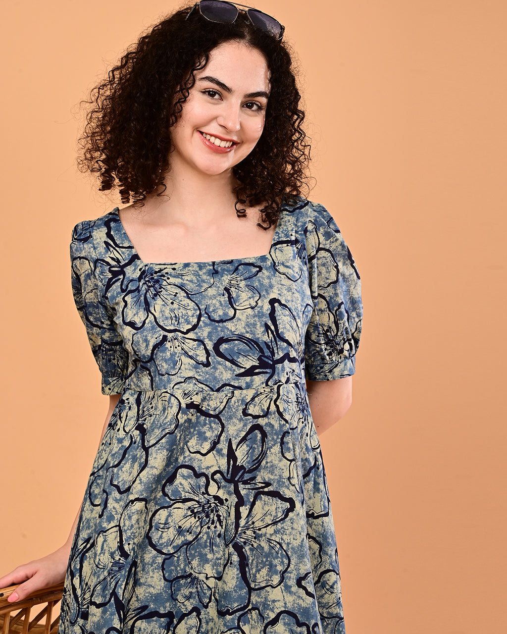 Blue Floral Printed Fit & Flare Midi Dress