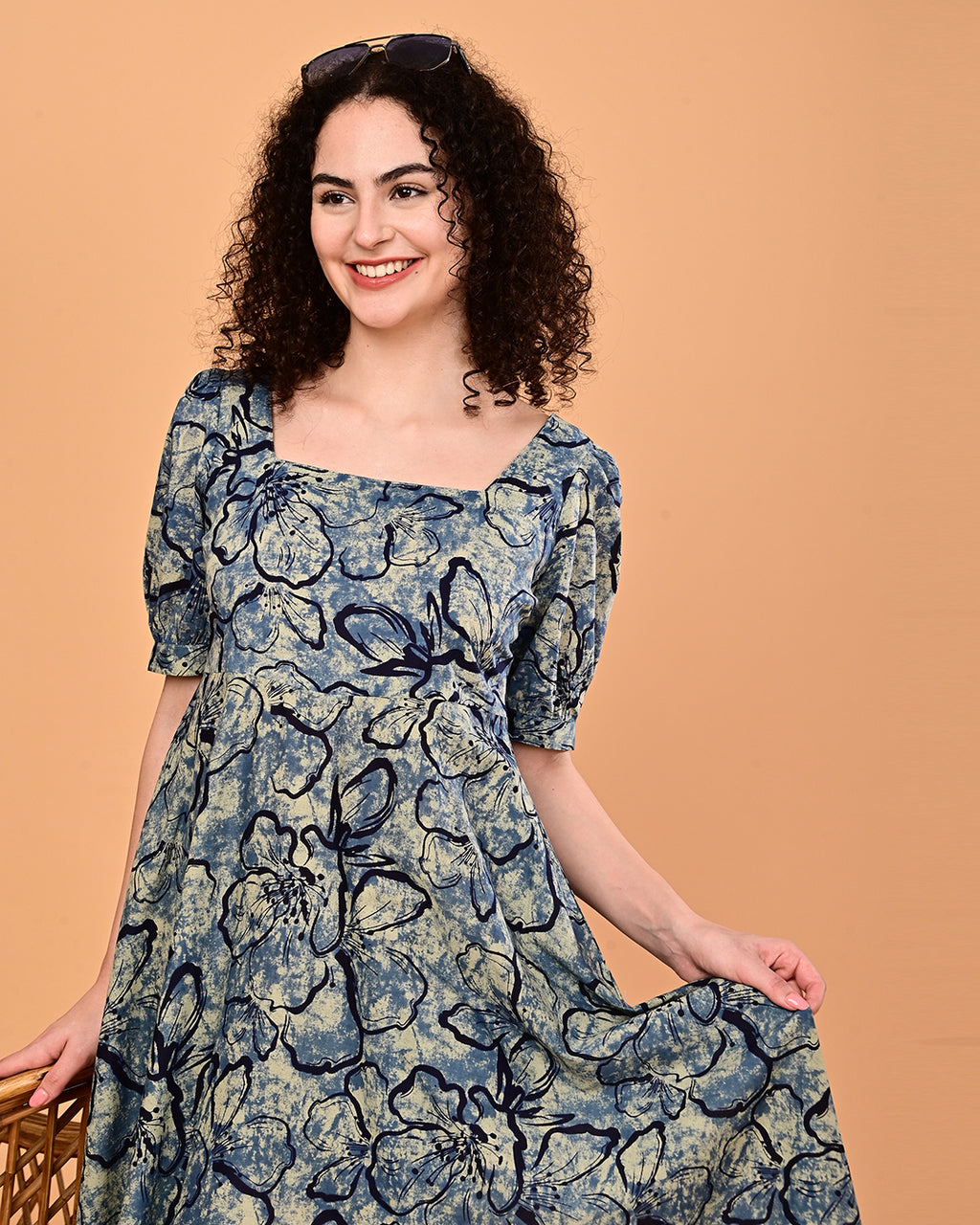 Blue Floral Printed Fit & Flare Midi Dress