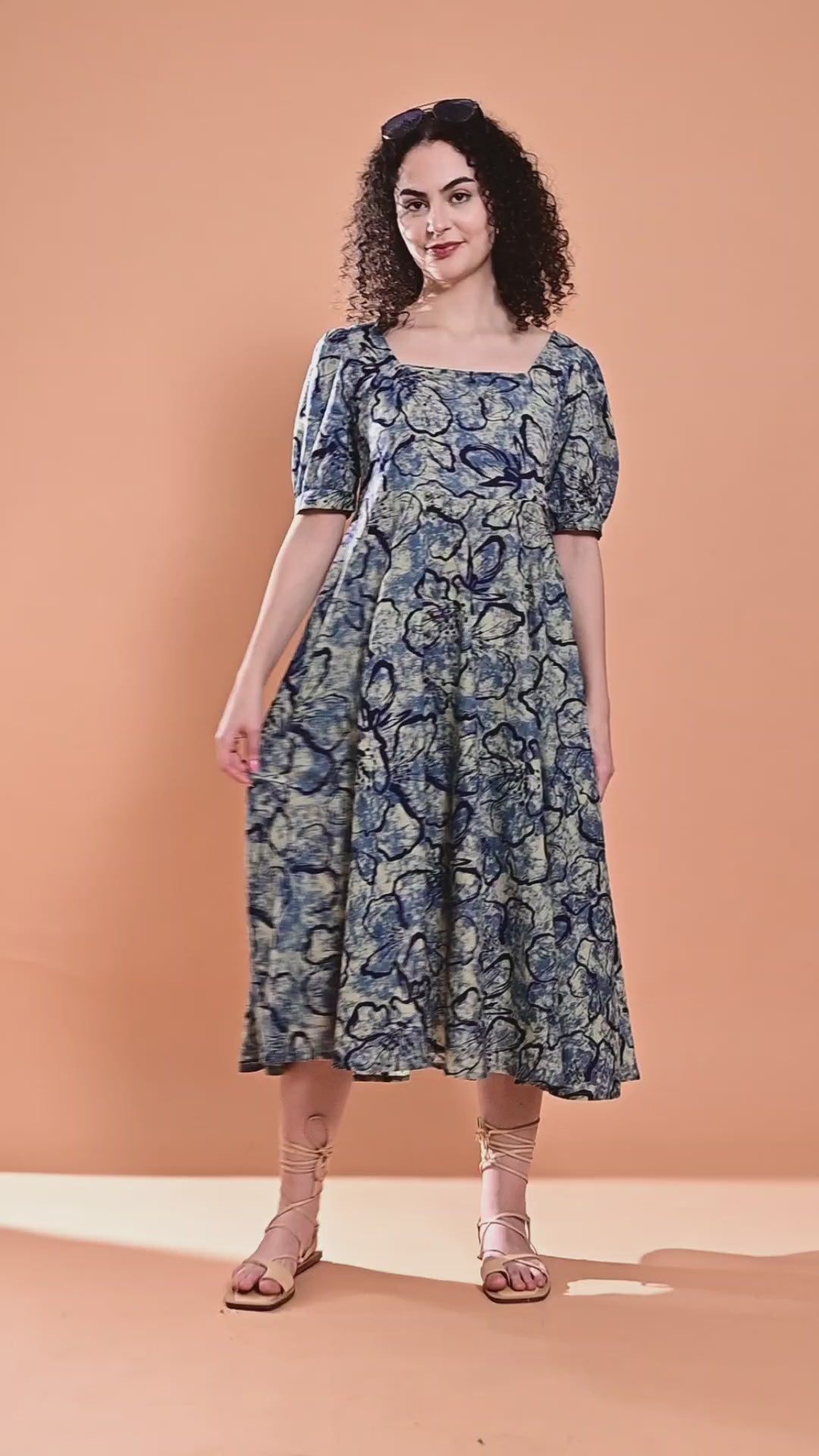Blue Floral Printed Fit & Flare Midi Dress