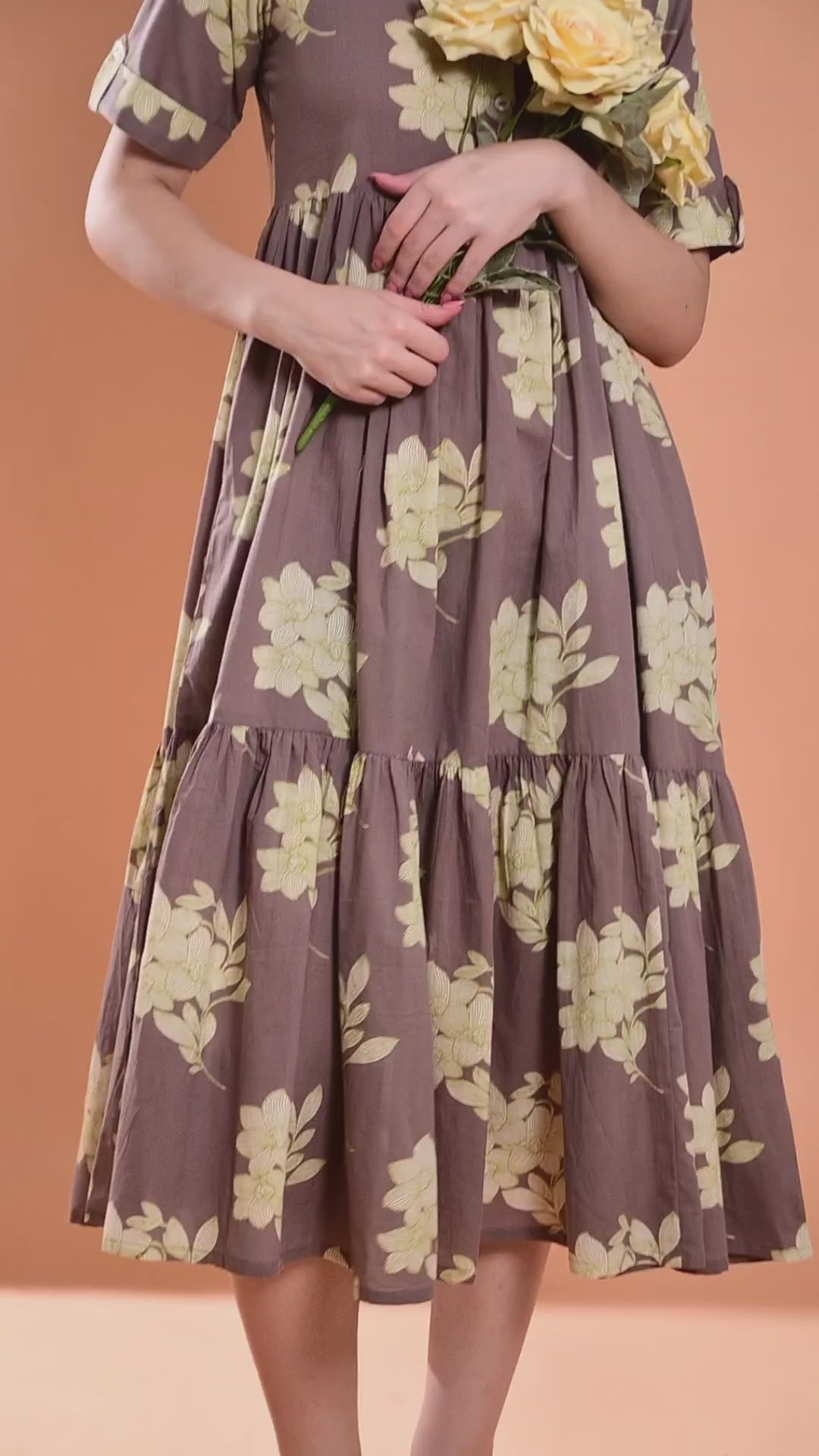 Taupe Floral Printed Tiered Midi Dress