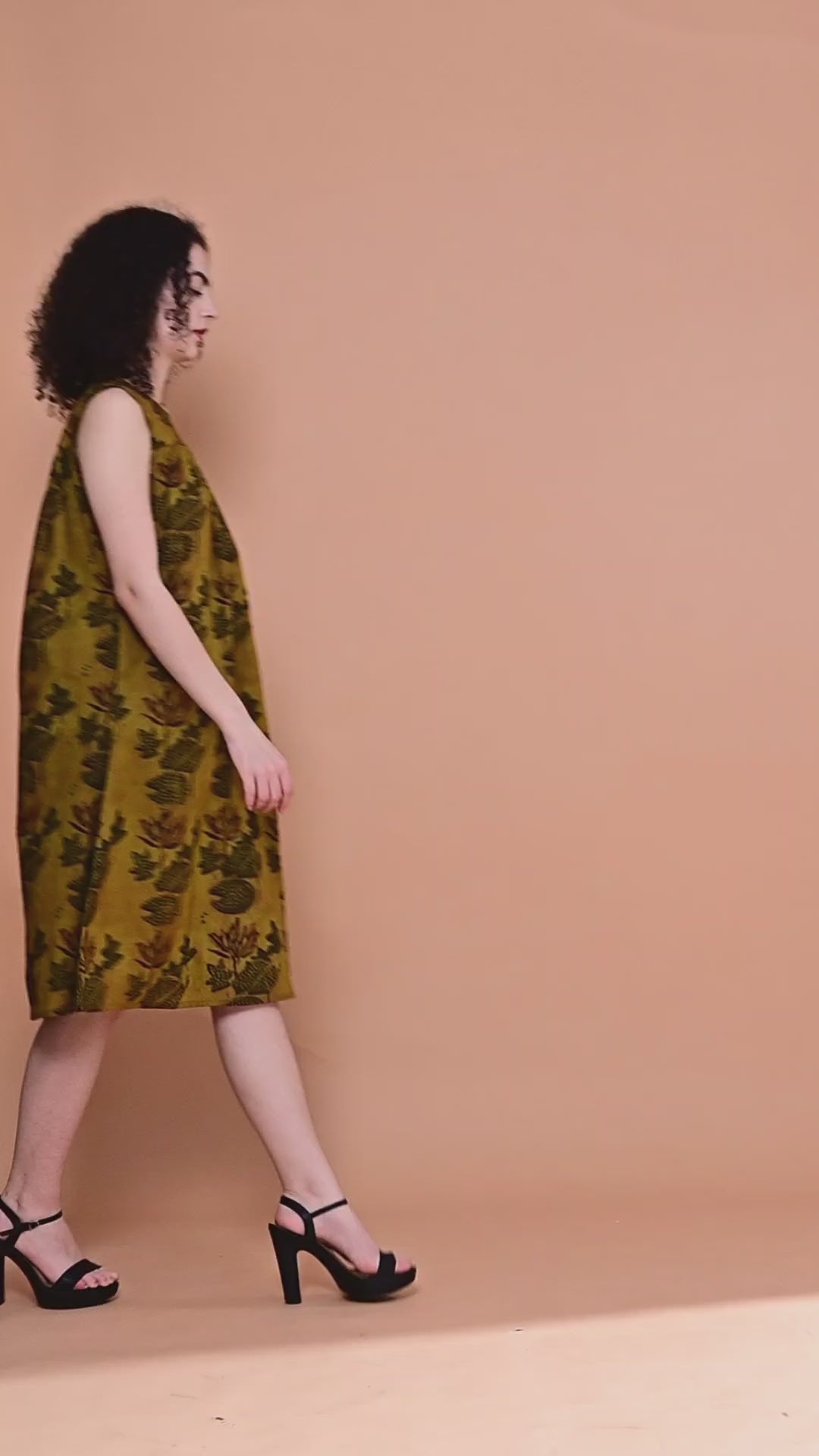 Mustard Printed Sleeveless Midi Dress