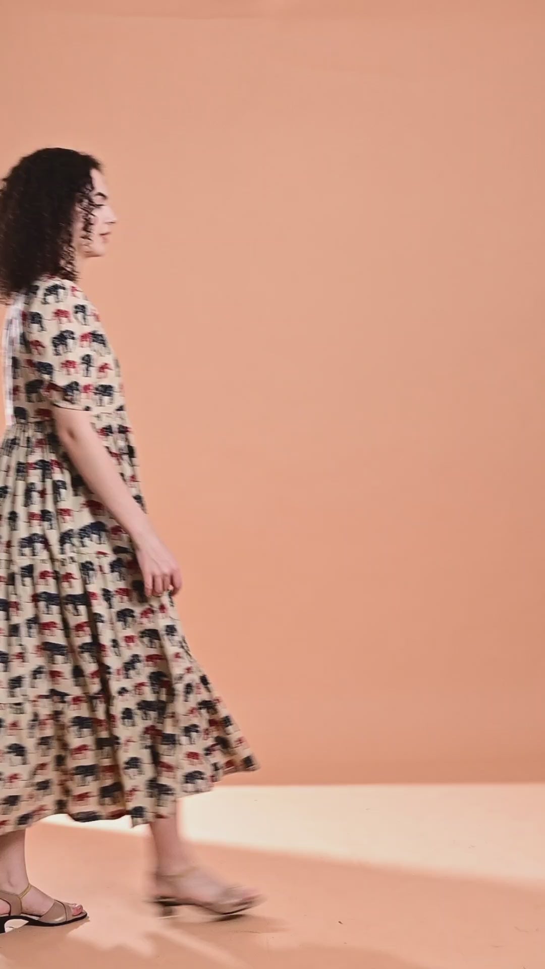 Beige Elephant Print Tiered Midi Dress