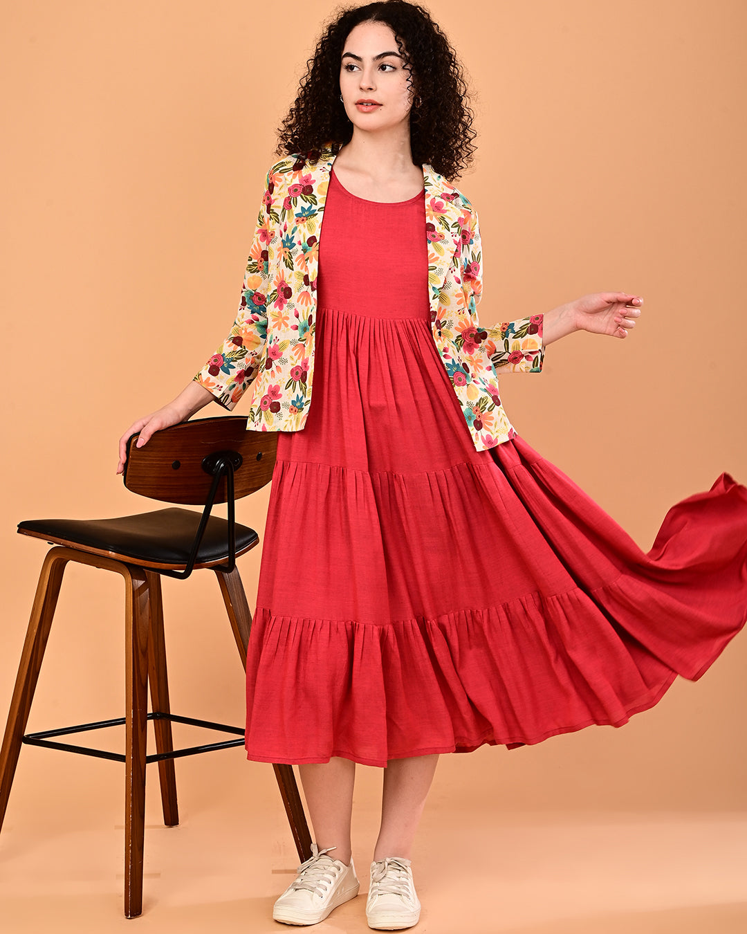 Floral Printed Jacket Layered Midi Dress
