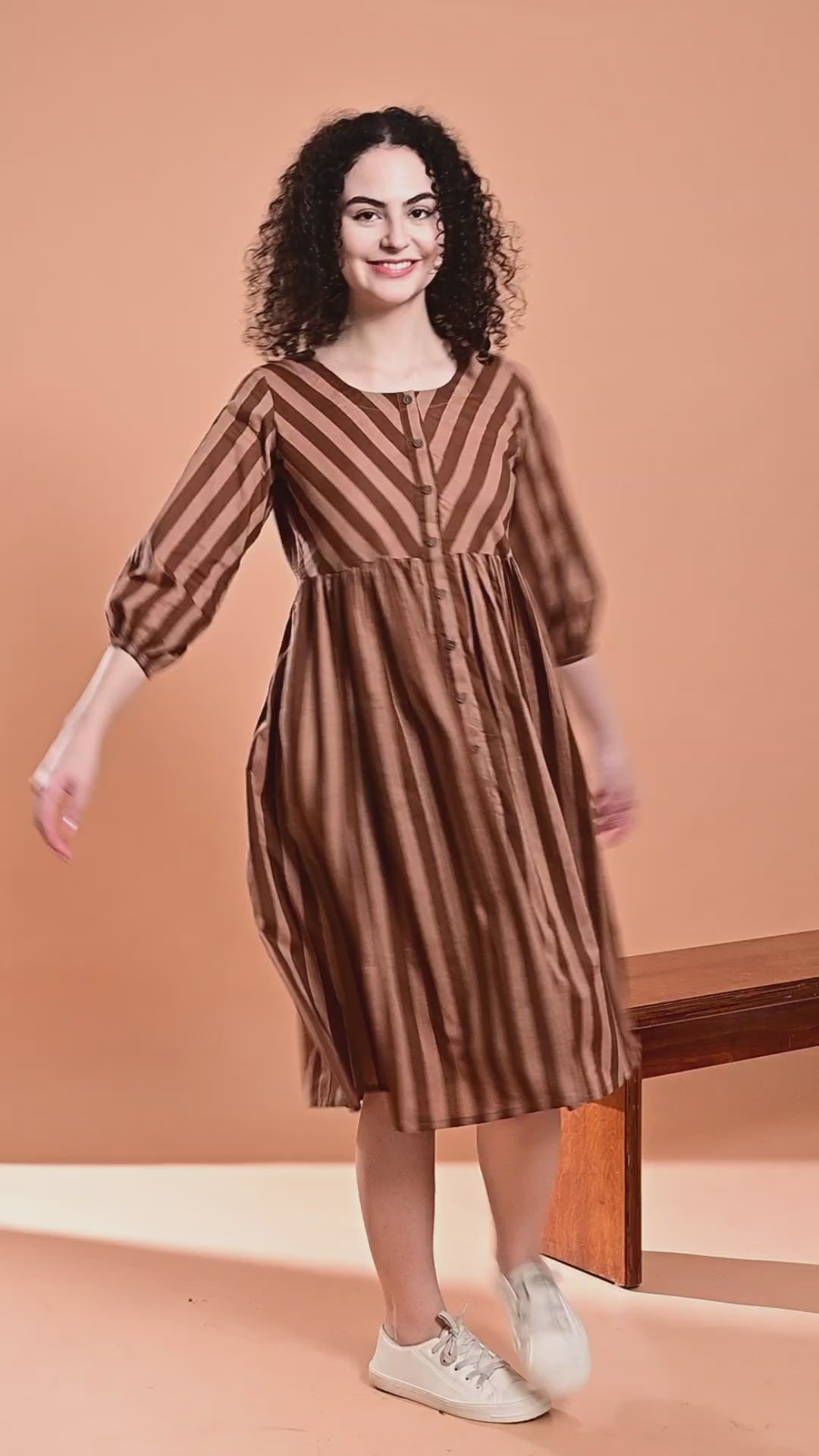Brown Striped Button-Front Fit & Flare Midi Dress