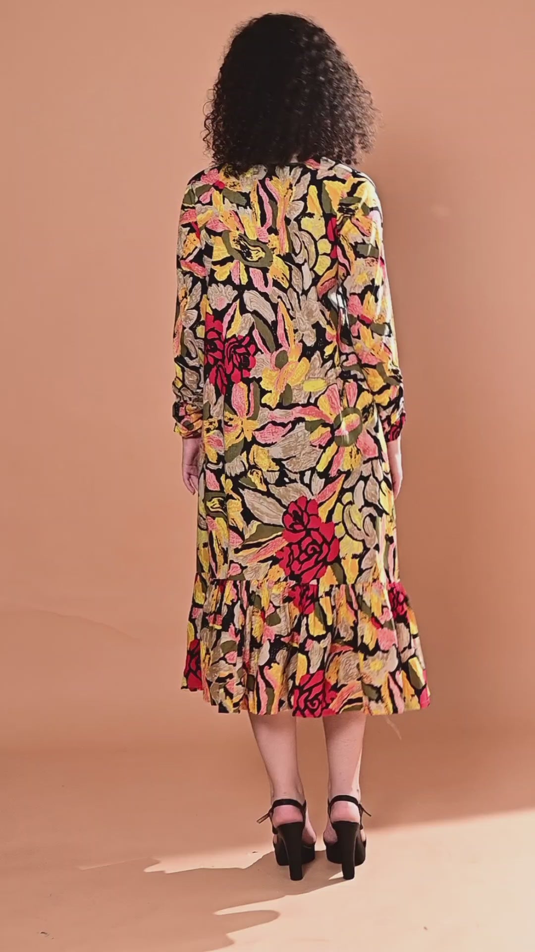 Black Multicolor Floral Printed Tiered Midi Dress